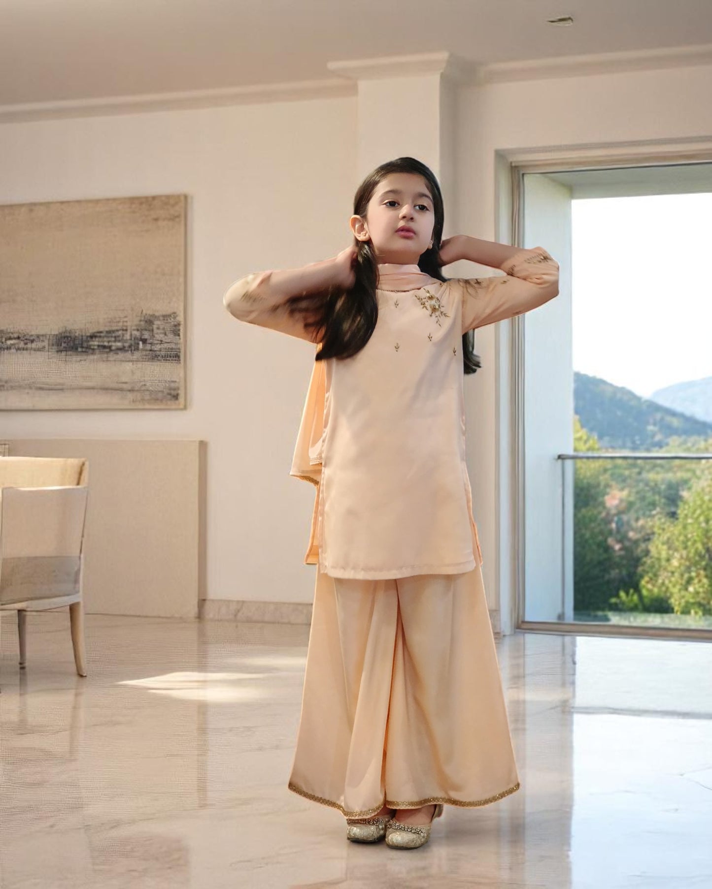 Girls' 3-Piece Ethnic Suit in French Crepe with Handwork Details