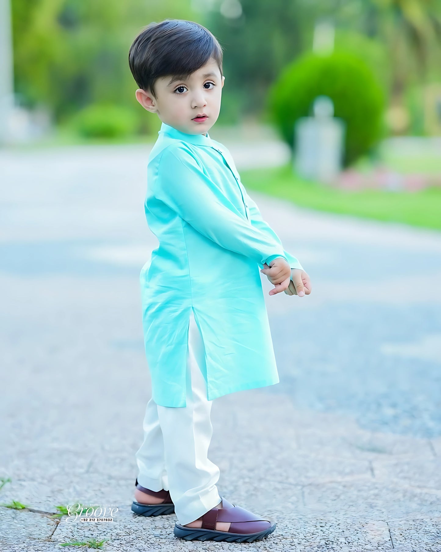 Aqua Blue Cambric Cotton Kurta Pyjama Set – Elegant Festive Style for Boys