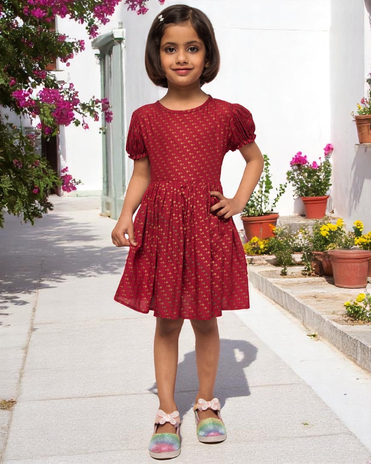Breezy Elegance: Printed Rayon Frock with Elasticated Short Sleeves