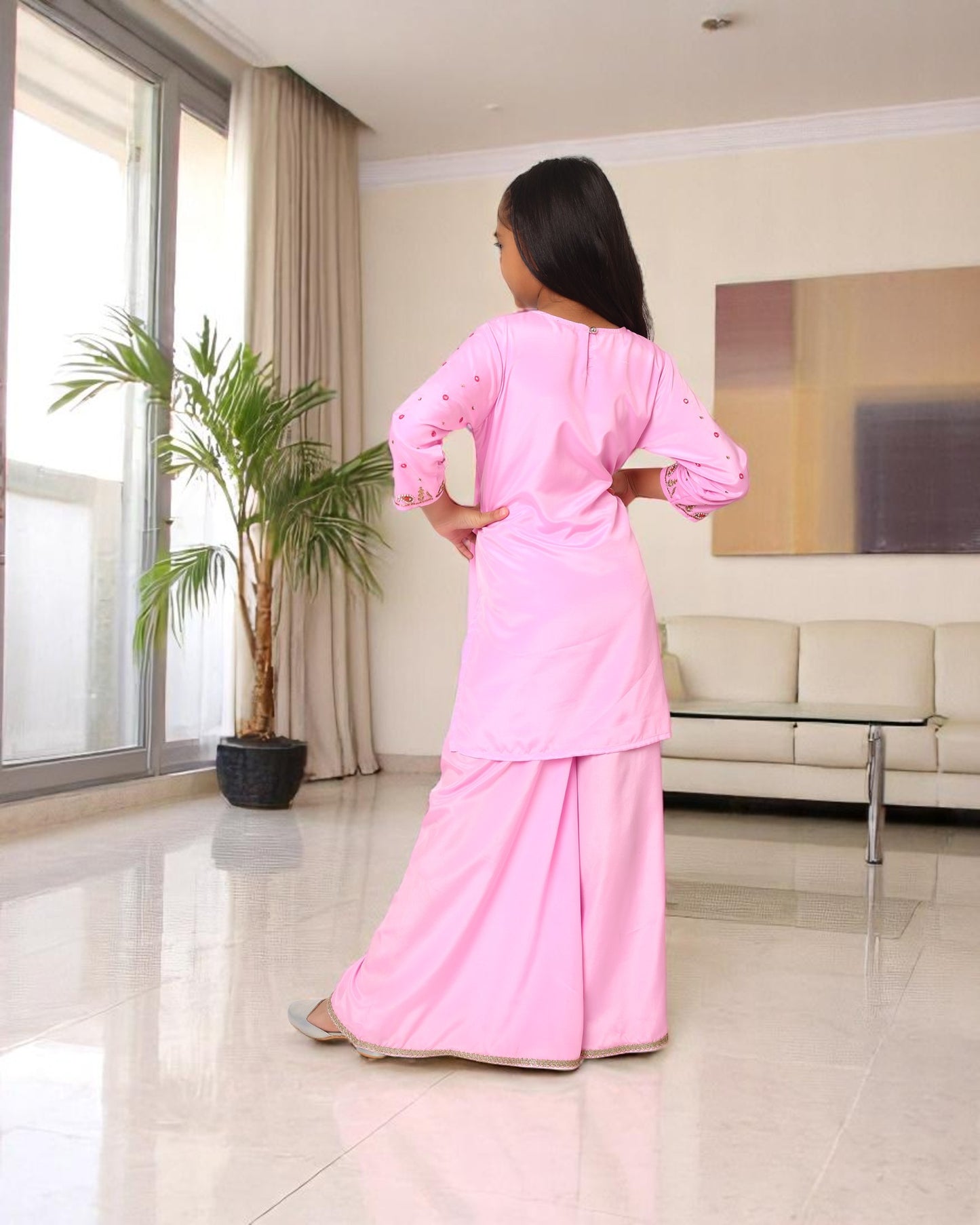 Girls 3-Piece Ethnic Suit in Silky French Crepe with Handwork Detailing