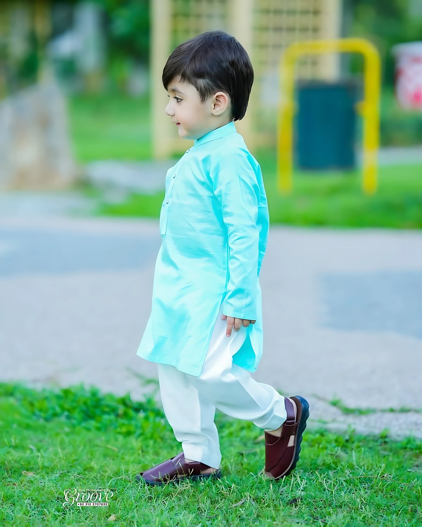 Aqua Blue Cambric Cotton Kurta Pyjama Set – Elegant Festive Style for Boys