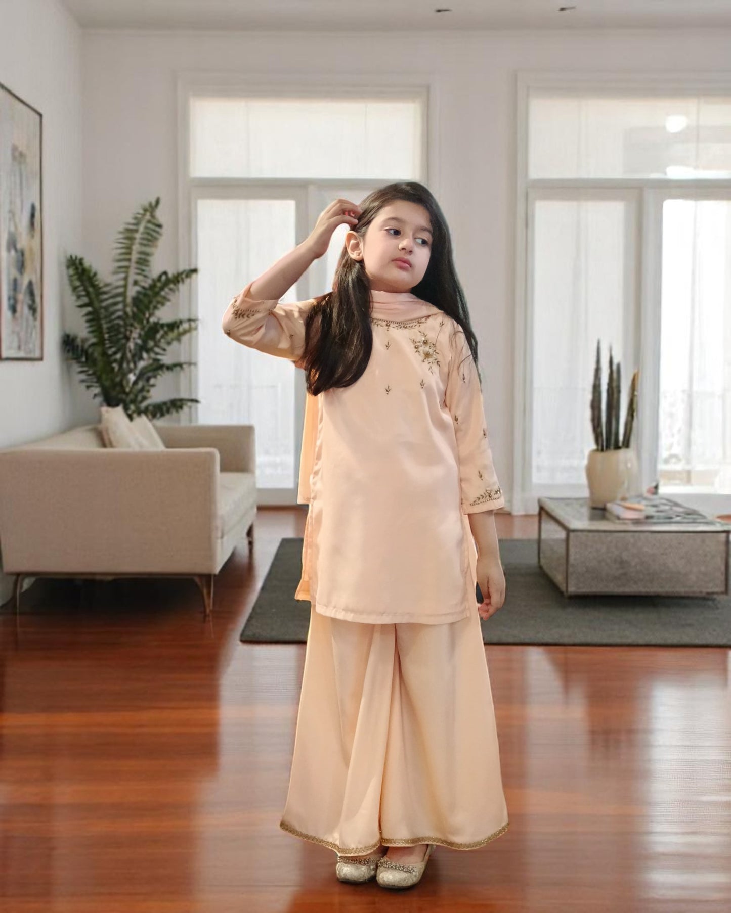 Girls' 3-Piece Ethnic Suit in French Crepe with Handwork Details