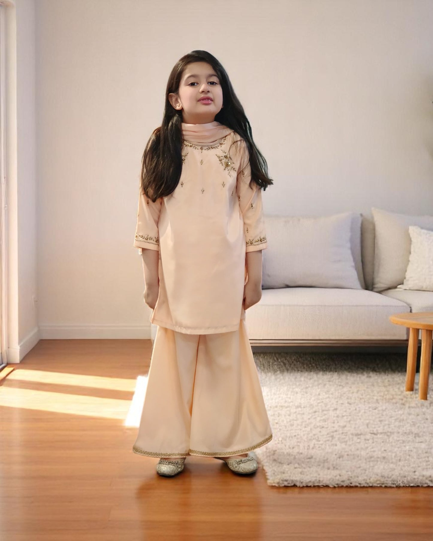 Girls' 3-Piece Ethnic Suit in French Crepe with Handwork Details