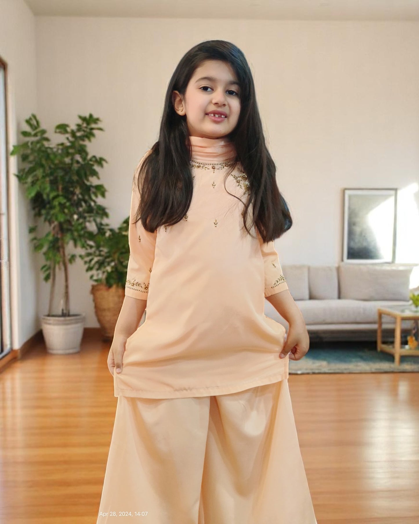 Girls' 3-Piece Ethnic Suit in French Crepe with Handwork Details
