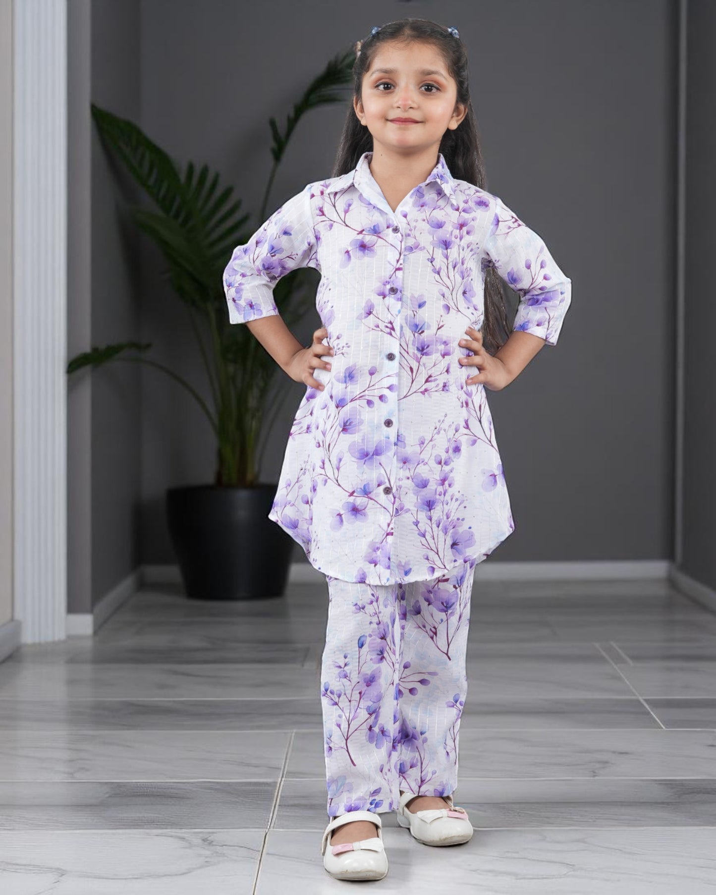 Tito Patito Girls’ Printed Co-ord Set – Sequin Work, Cotton Blend, Shirt Collar