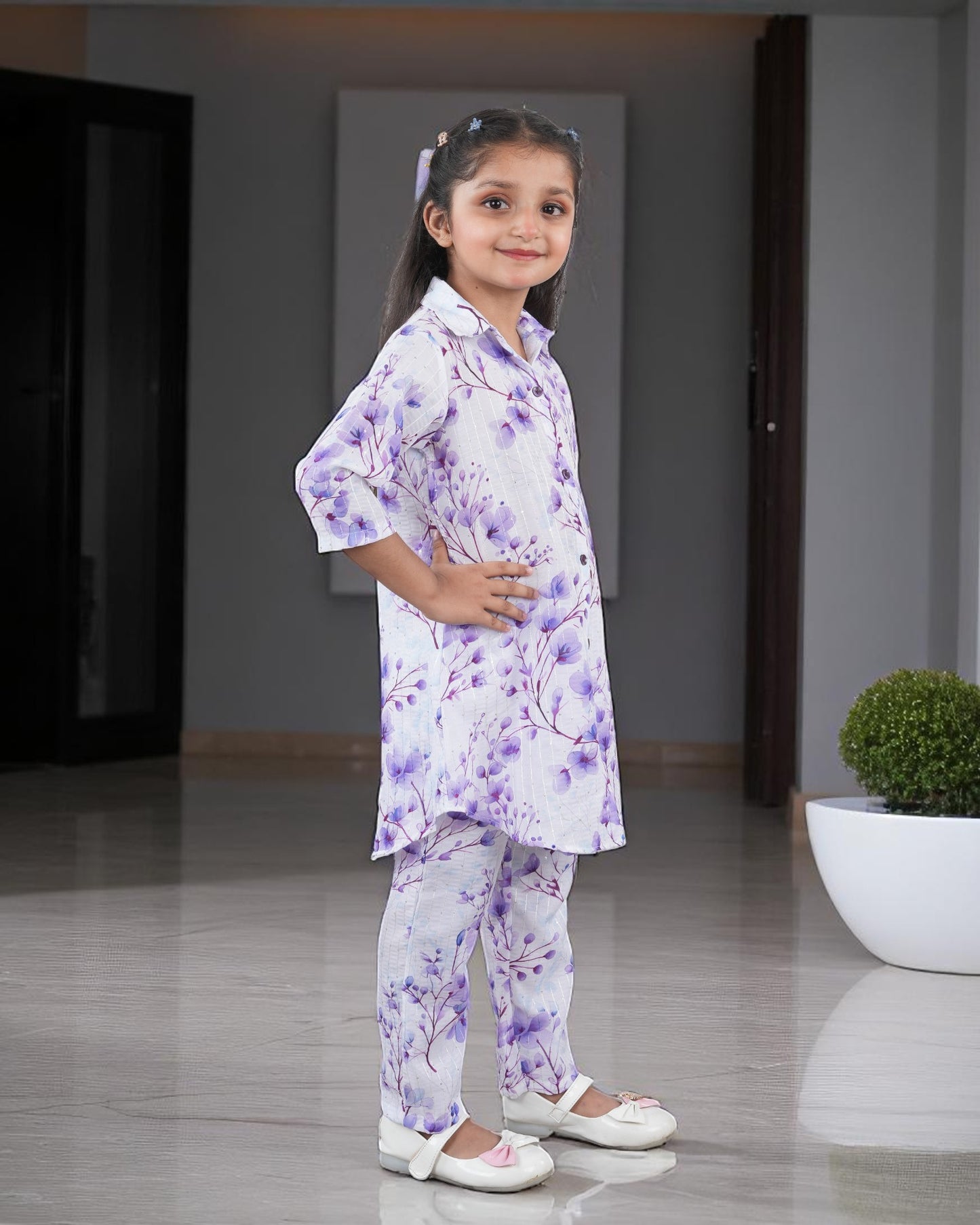 Tito Patito Girls’ Printed Co-ord Set – Sequin Work, Cotton Blend, Shirt Collar