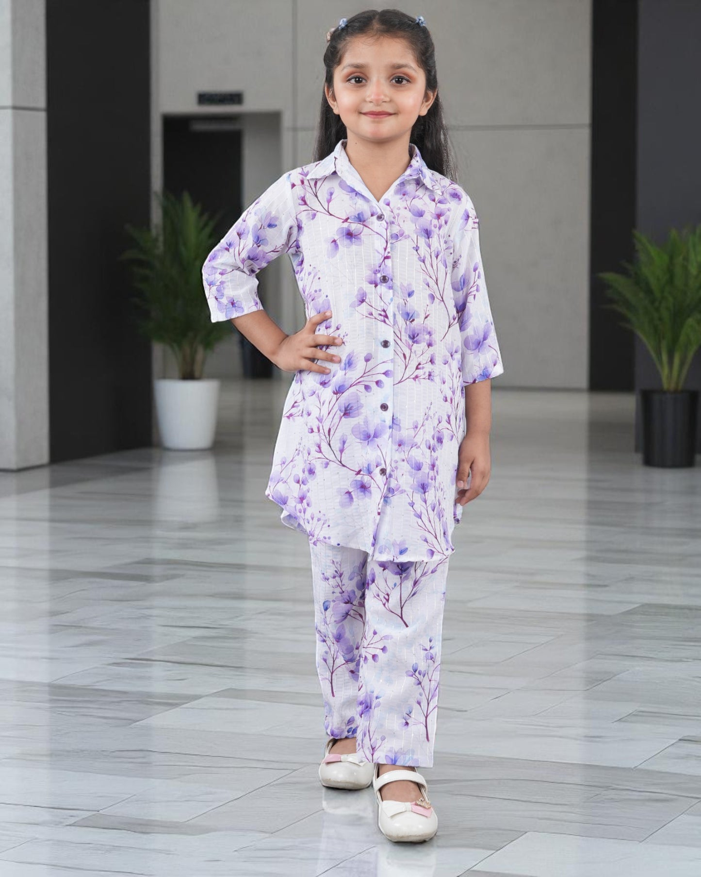 Tito Patito Girls’ Printed Co-ord Set – Sequin Work, Cotton Blend, Shirt Collar