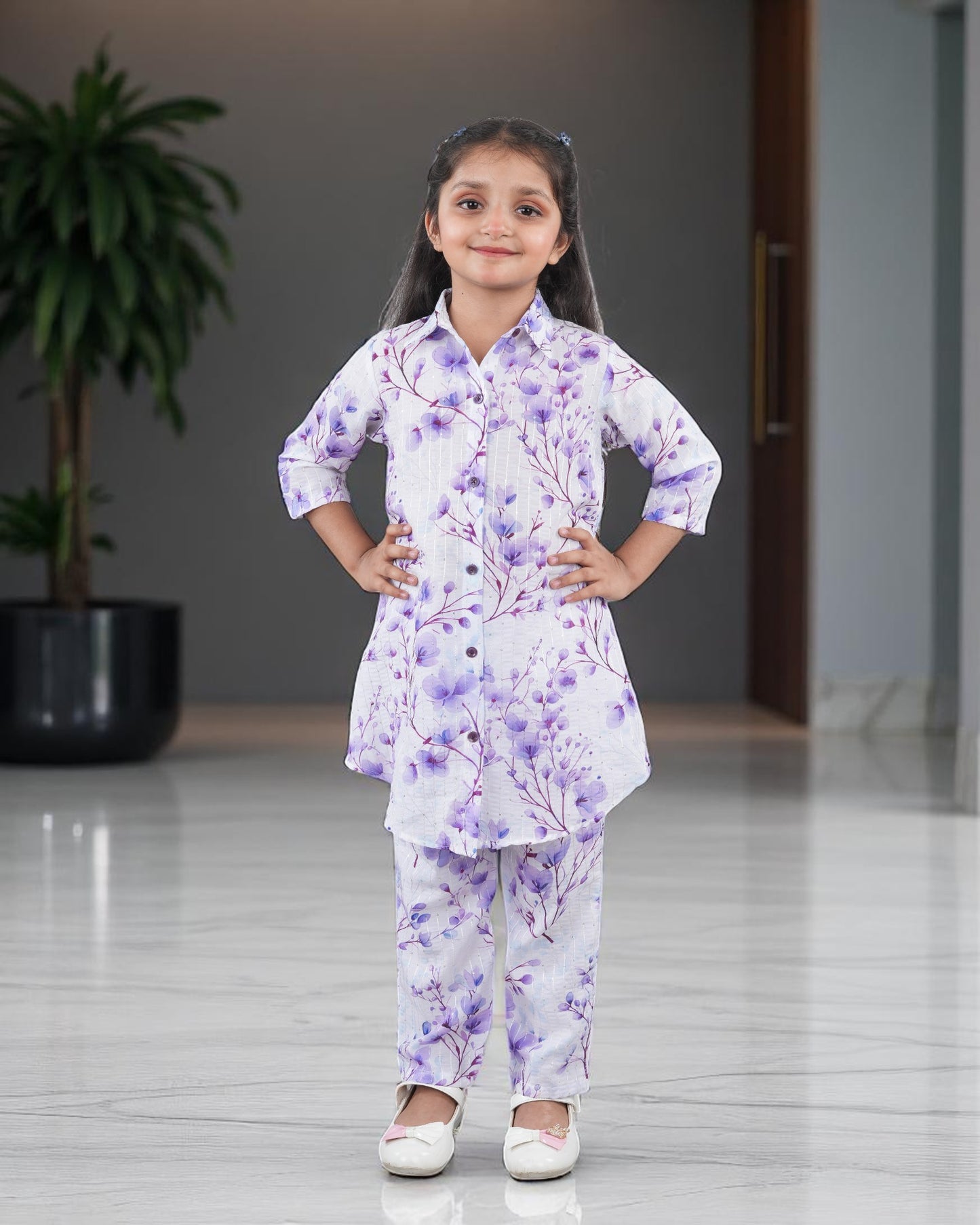 Tito Patito Girls’ Printed Co-ord Set – Sequin Work, Cotton Blend, Shirt Collar