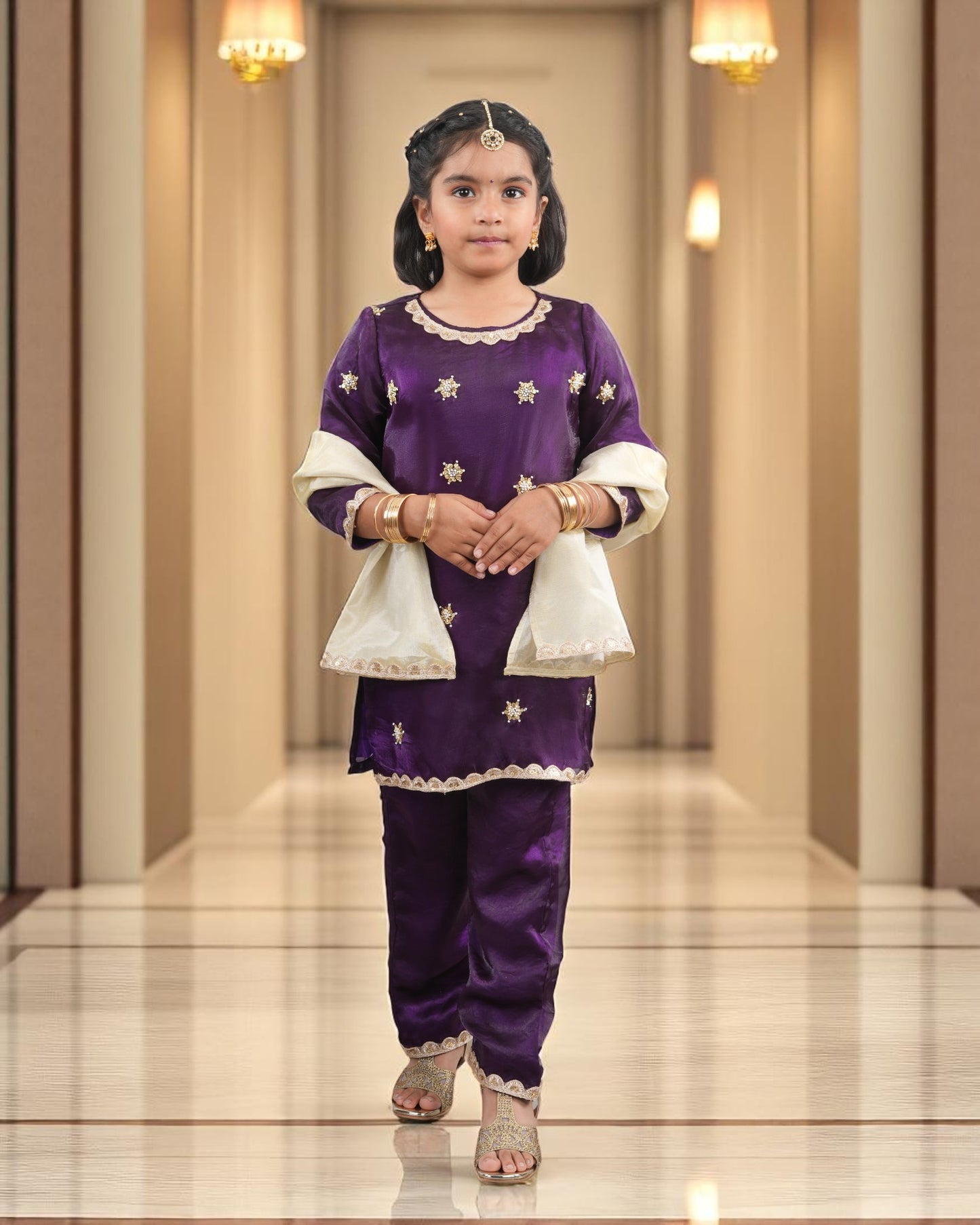 Tito Patito Girls’ Fendi Fabric 3-Piece Suit – Embellished Pant Set with Lace