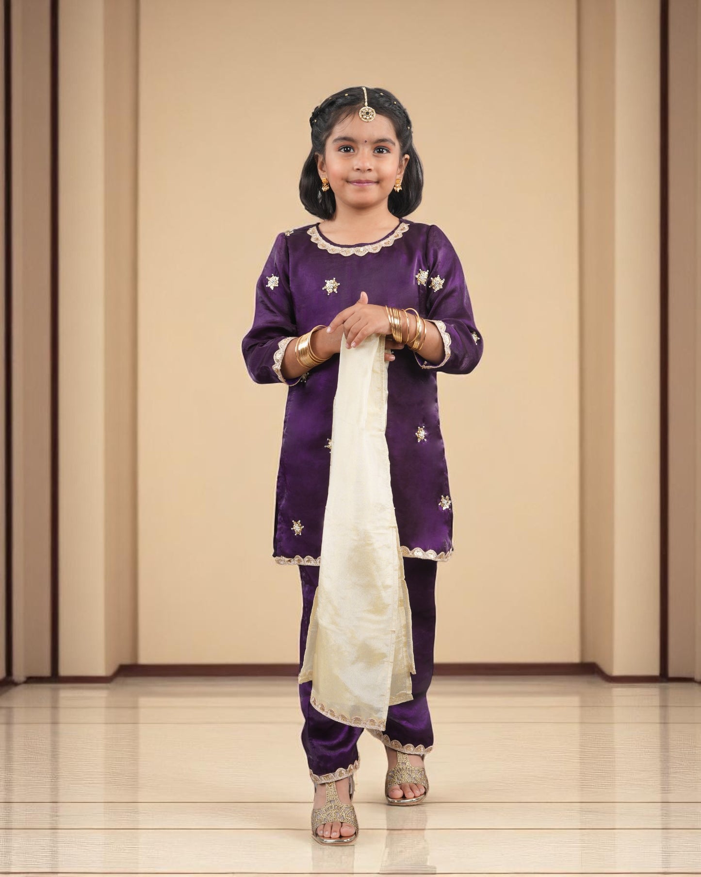 Tito Patito Girls’ Fendi Fabric 3-Piece Suit – Embellished Pant Set with Lace