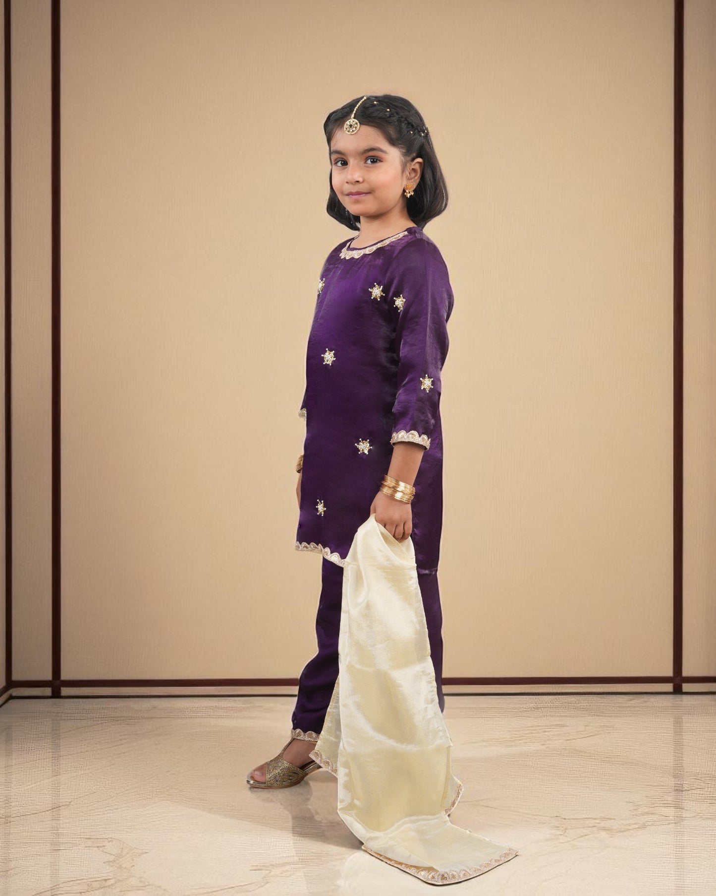 Tito Patito Girls’ Fendi Fabric 3-Piece Suit – Embellished Pant Set with Lace