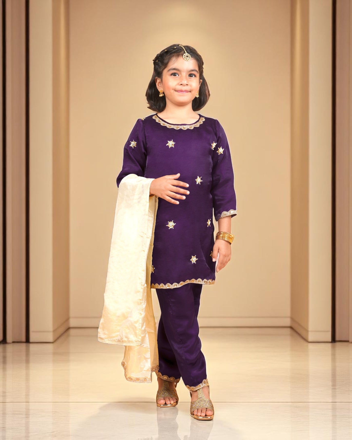 Tito Patito Girls’ Fendi Fabric 3-Piece Suit – Embellished Pant Set with Lace