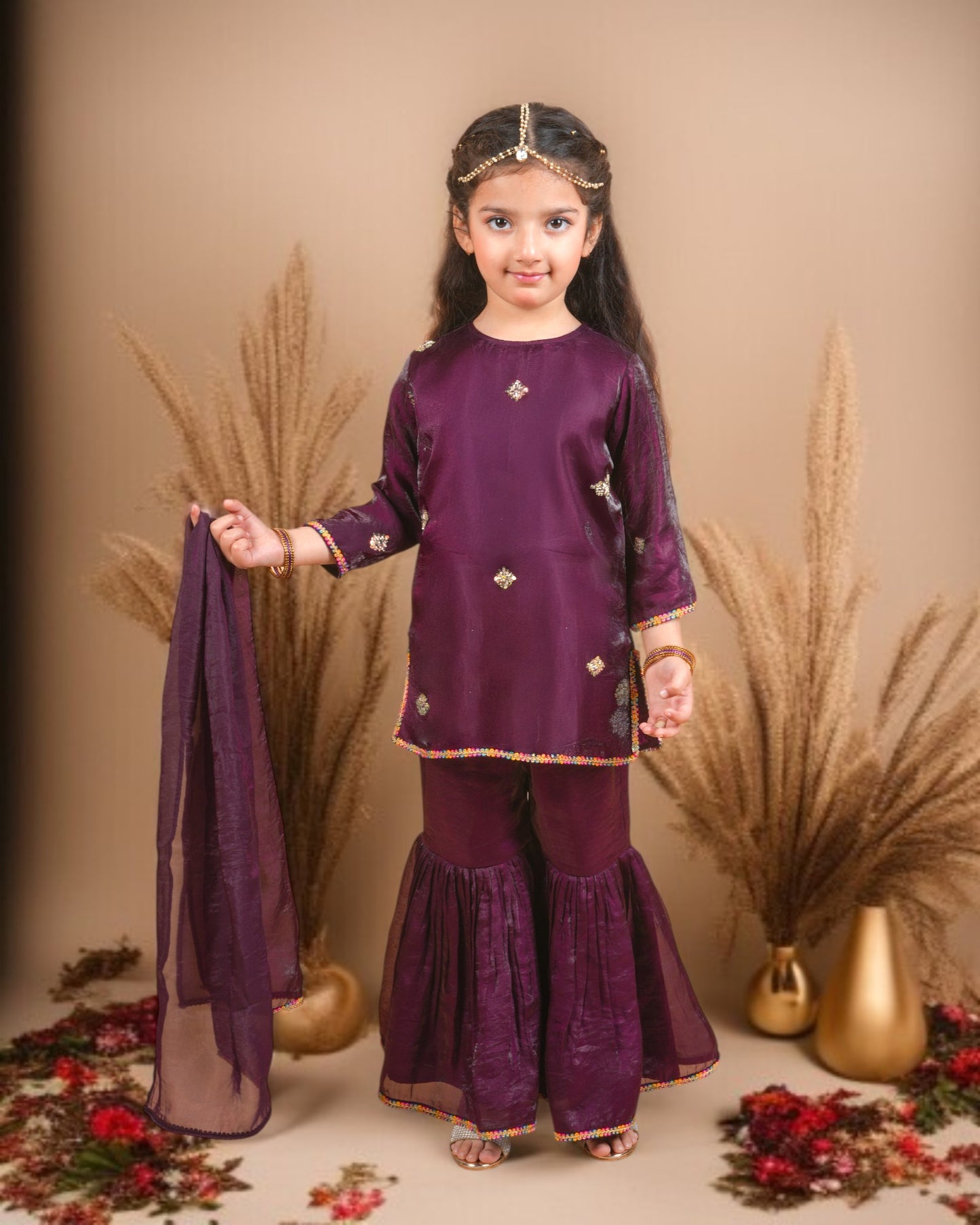 Tito Patito Girls’ Partywear 3-Piece Sharara Set in Fendi Fabric with Lace Detailing