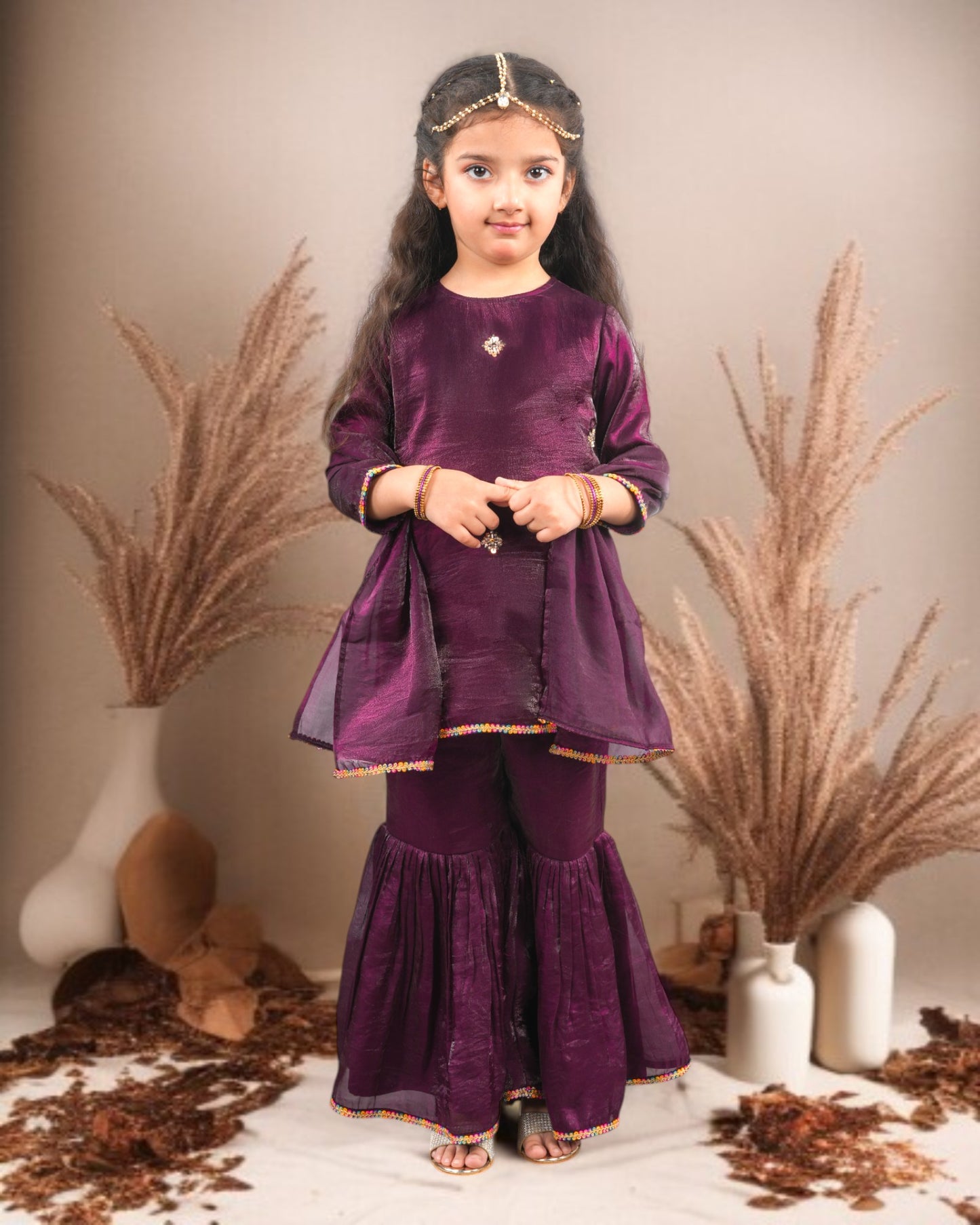 Tito Patito Girls’ Partywear 3-Piece Sharara Set in Fendi Fabric with Lace Detailing