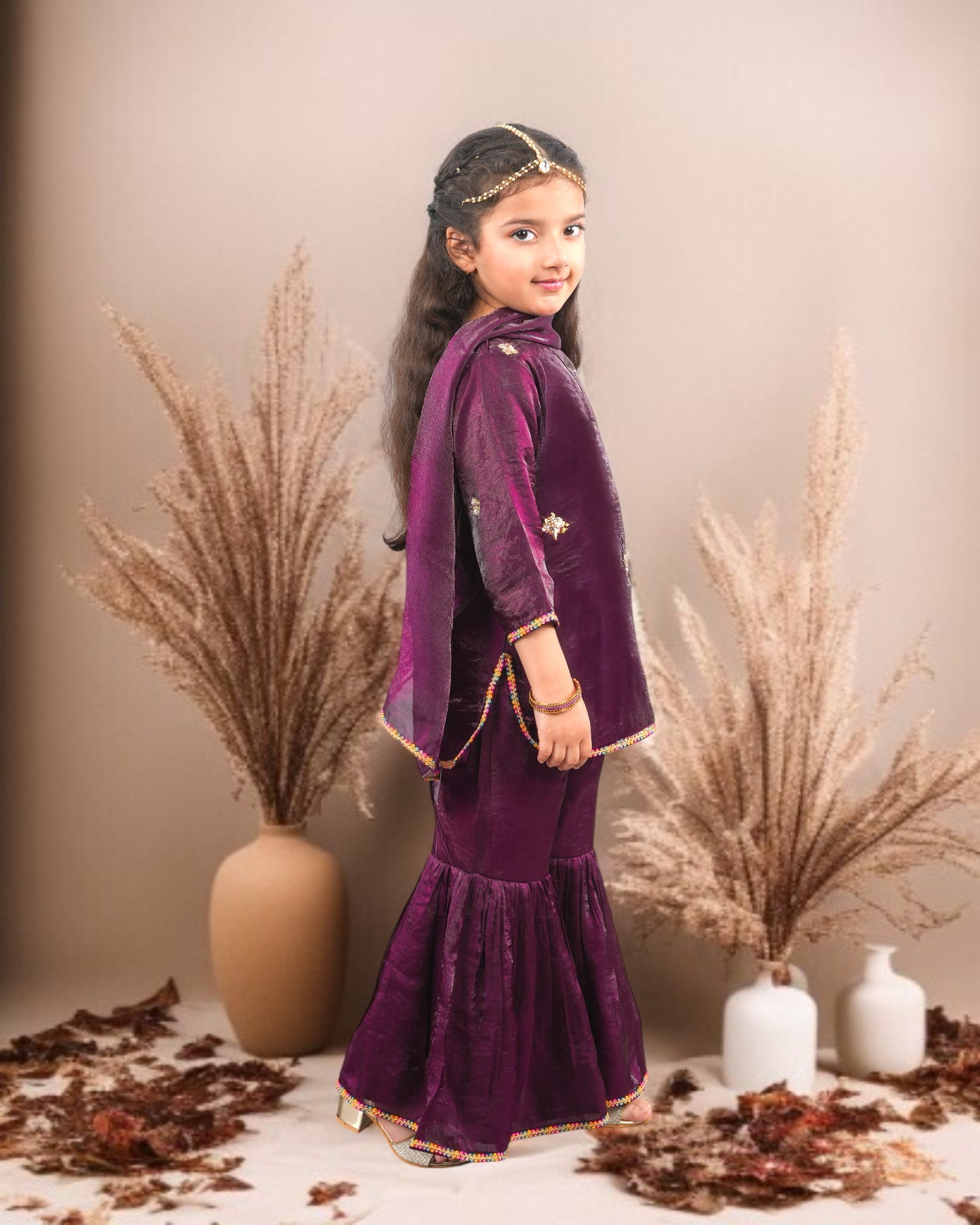 Tito Patito Girls’ Partywear 3-Piece Sharara Set in Fendi Fabric with Lace Detailing