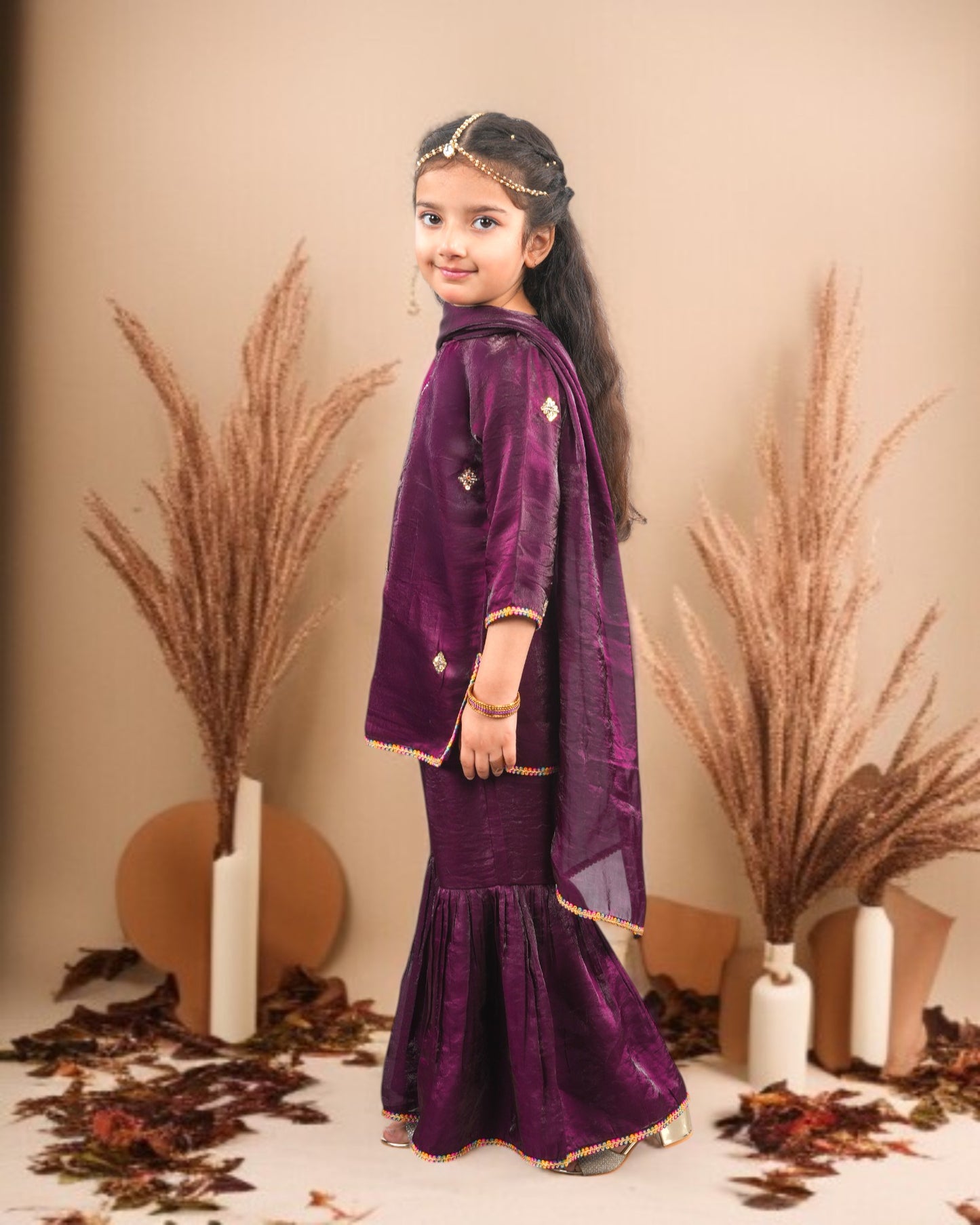 Tito Patito Girls’ Partywear 3-Piece Sharara Set in Fendi Fabric with Lace Detailing