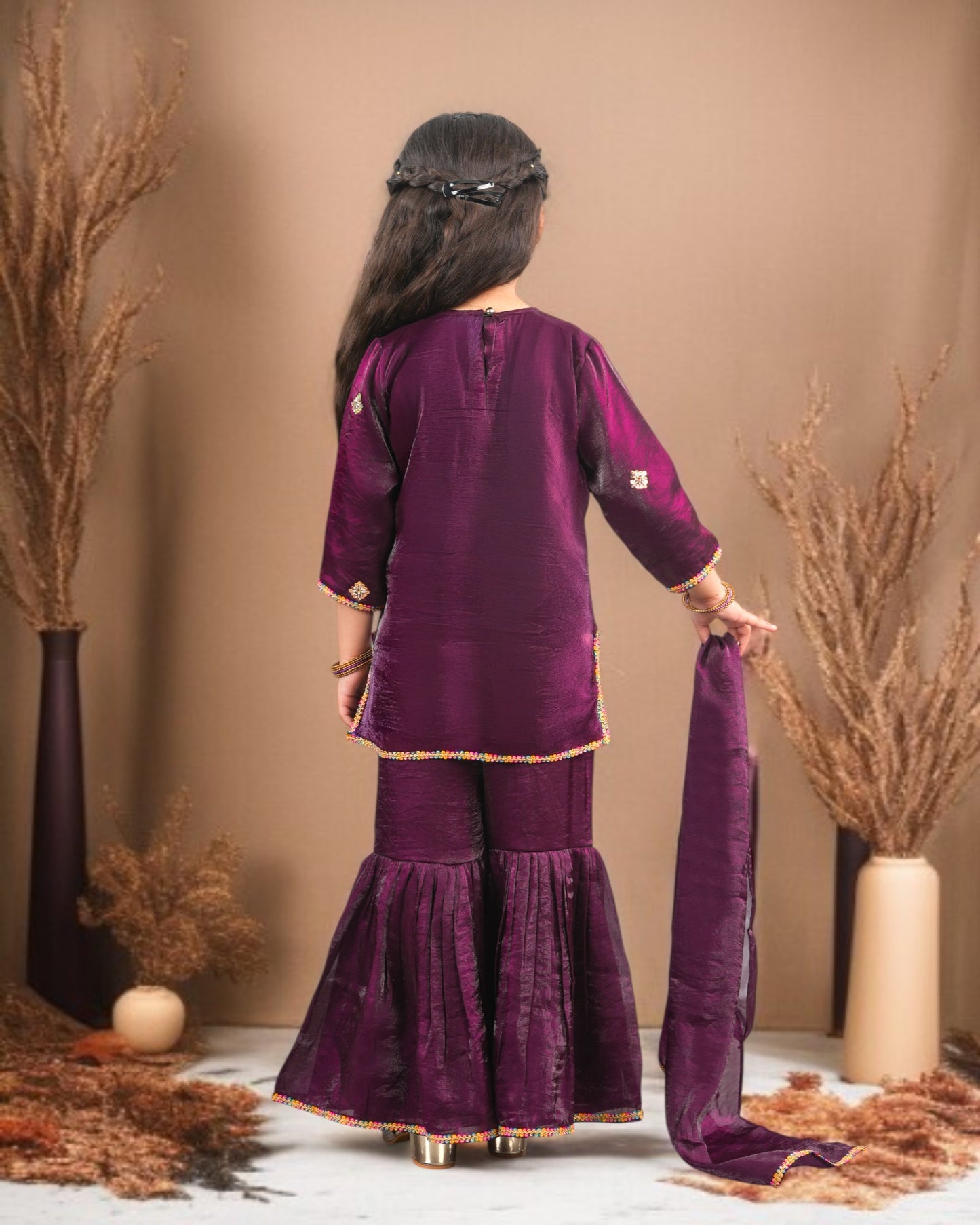 Tito Patito Girls’ Partywear 3-Piece Sharara Set in Fendi Fabric with Lace Detailing