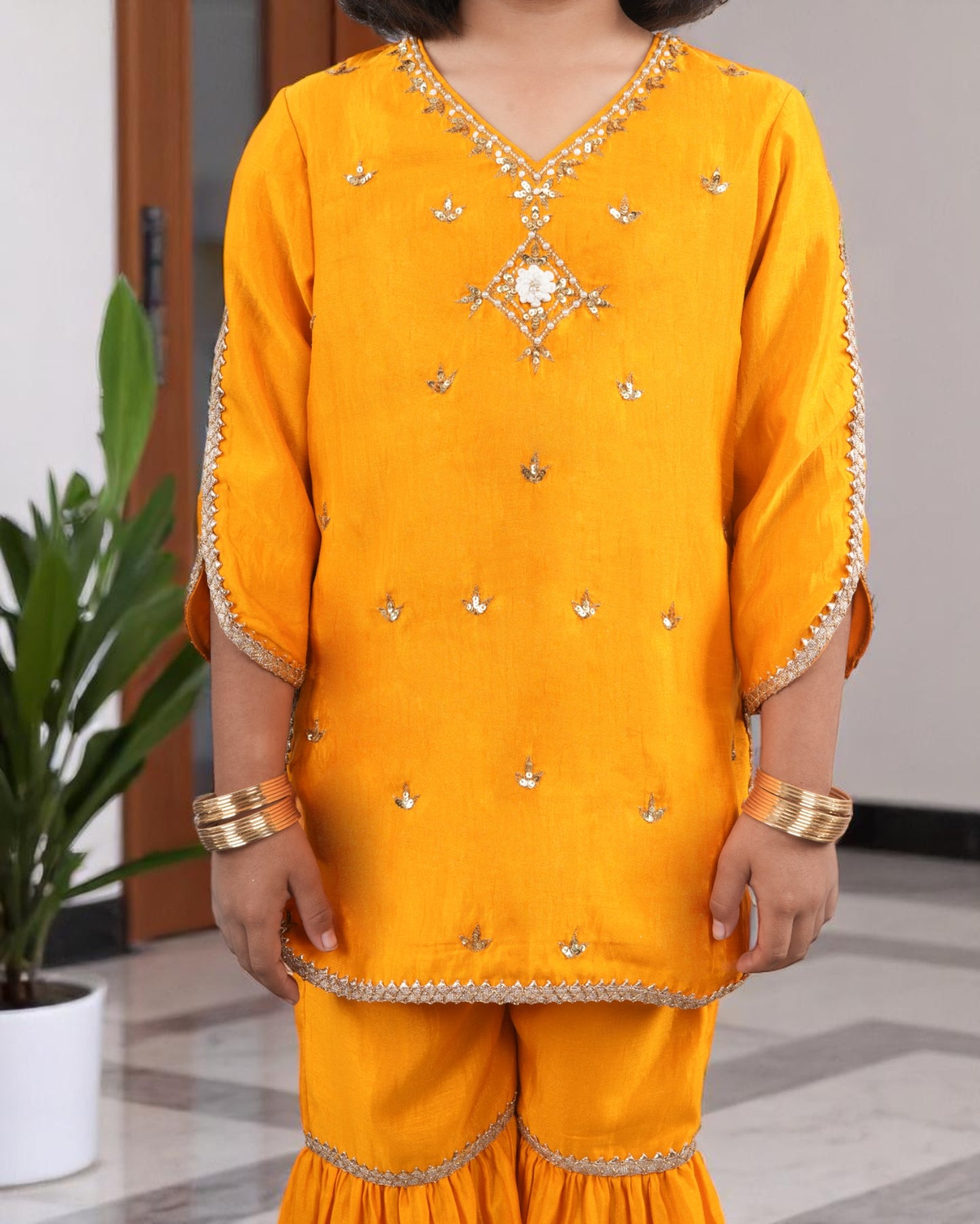Tito Patito Girls’ Festive 3-Piece Sharara Suit – Two-Tone Silk, Handwork & Lace