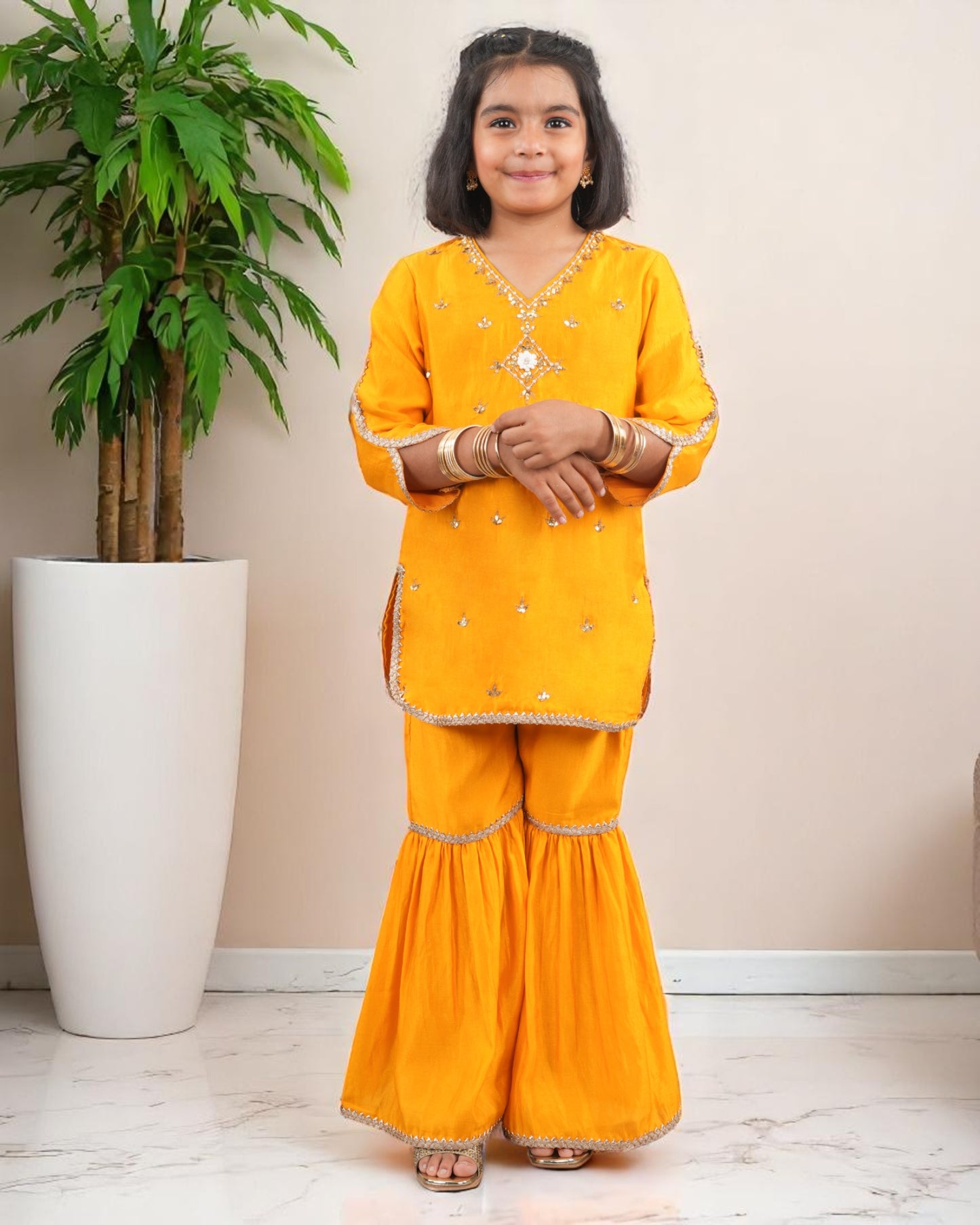 Tito Patito Girls’ Festive 3-Piece Sharara Suit – Two-Tone Silk, Handwork & Lace
