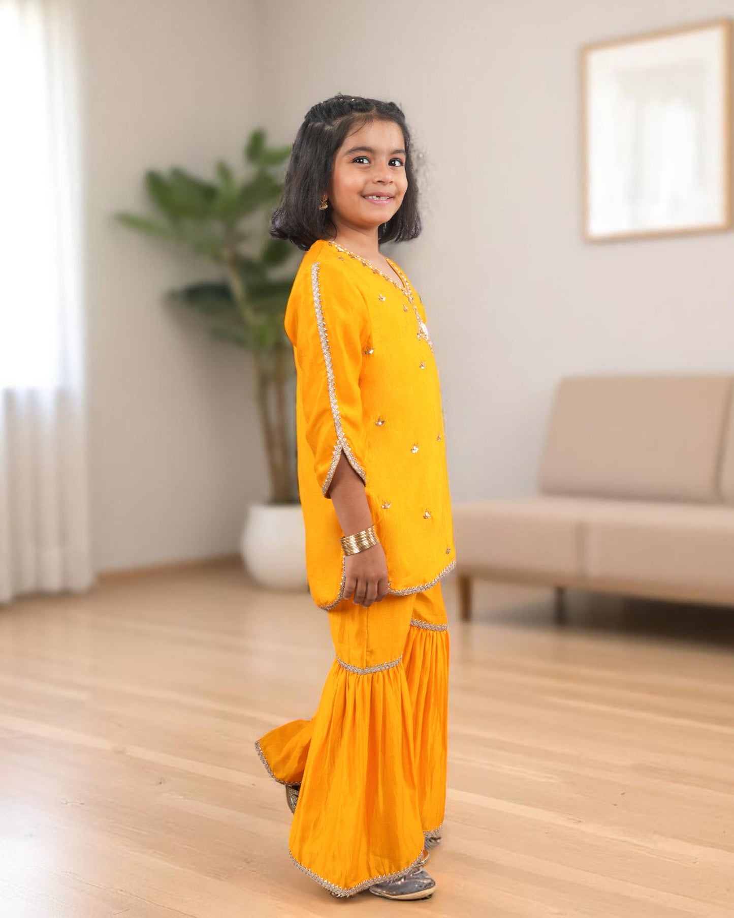 Tito Patito Girls’ Festive 3-Piece Sharara Suit – Two-Tone Silk, Handwork & Lace