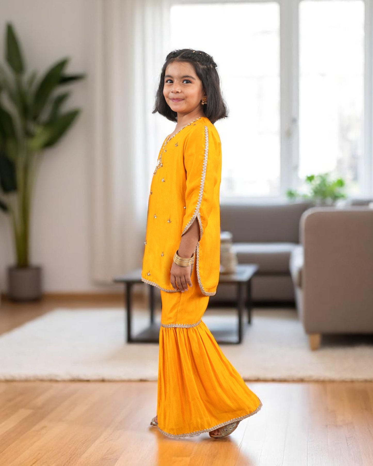 Tito Patito Girls’ Festive 3-Piece Sharara Suit – Two-Tone Silk, Handwork & Lace