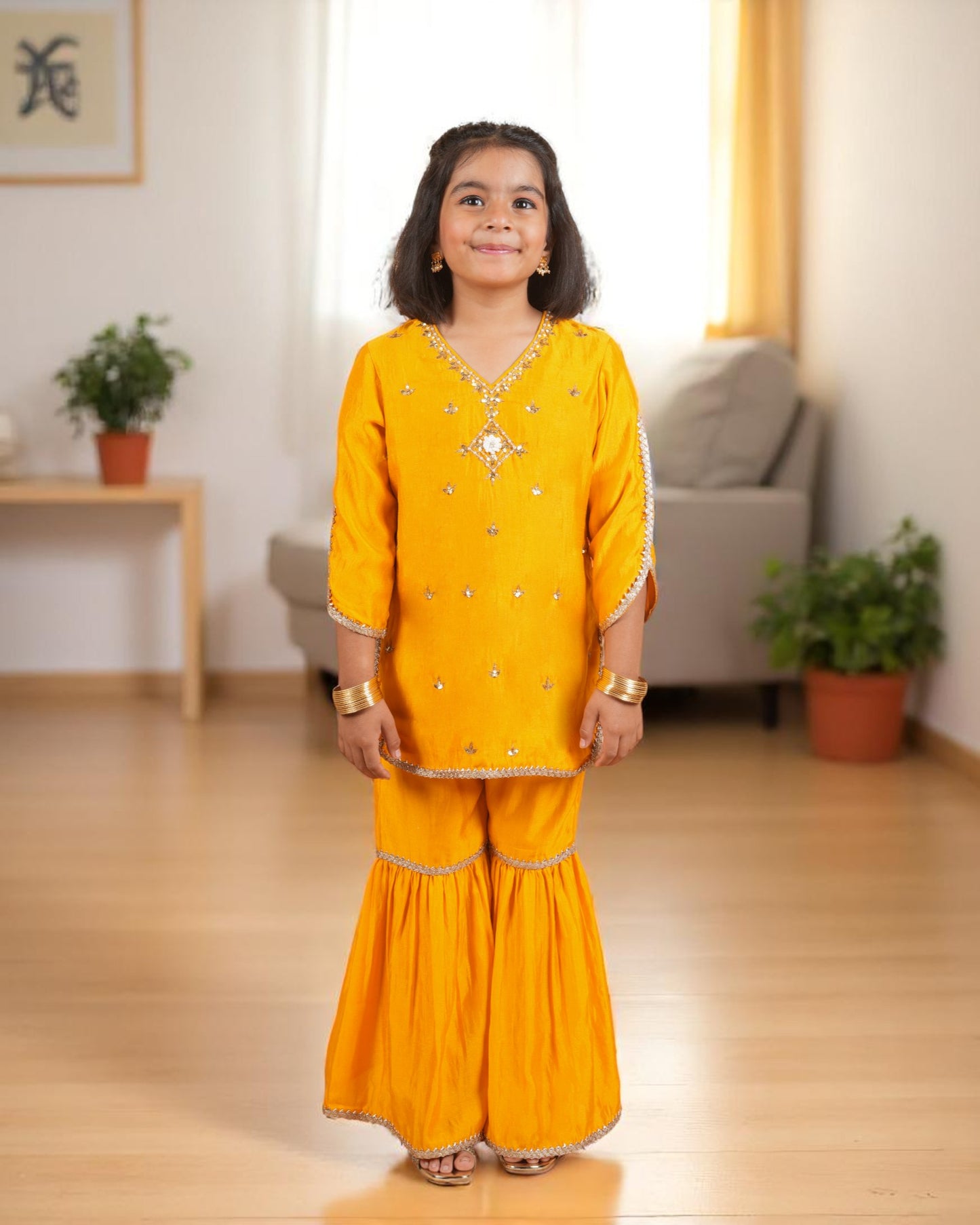 Tito Patito Girls’ Festive 3-Piece Sharara Suit – Two-Tone Silk, Handwork & Lace