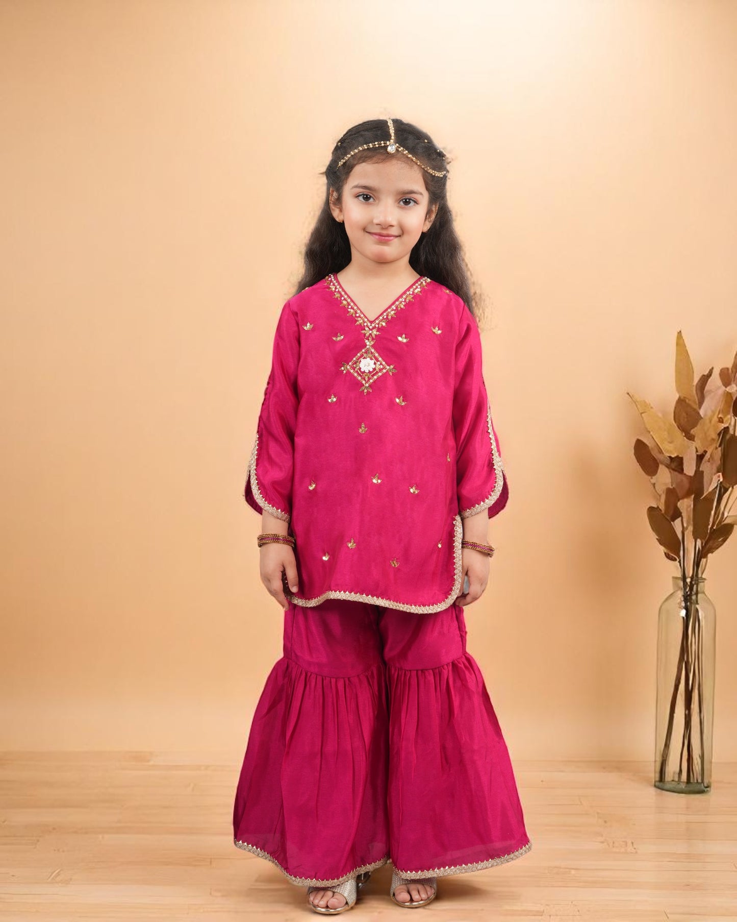 Tito Patito Girls’ 3-Piece Art Silk Sharara Set – Handwork & Lace, Kids Ethnic Wear