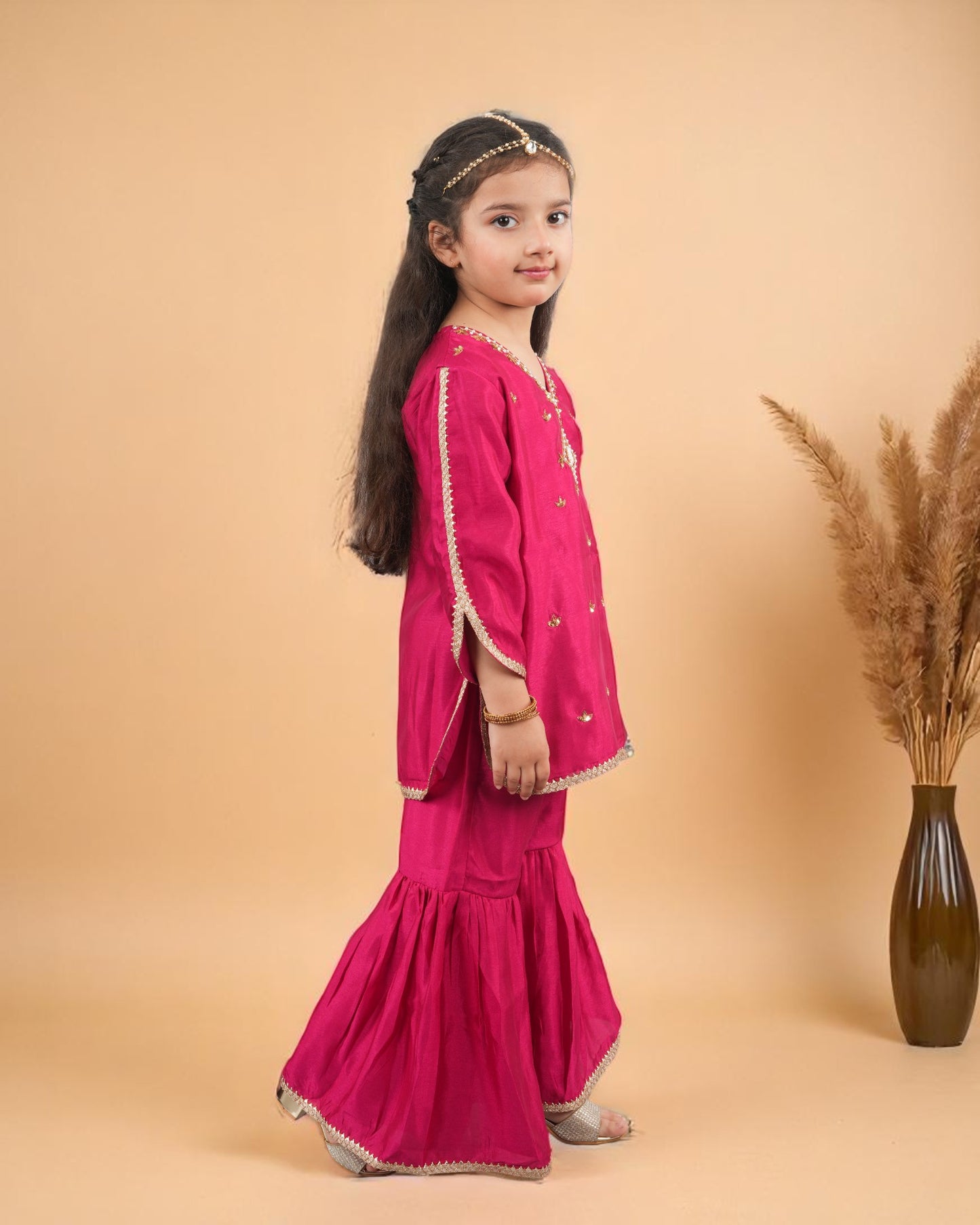 Tito Patito Girls’ 3-Piece Art Silk Sharara Set – Handwork & Lace, Kids Ethnic Wear