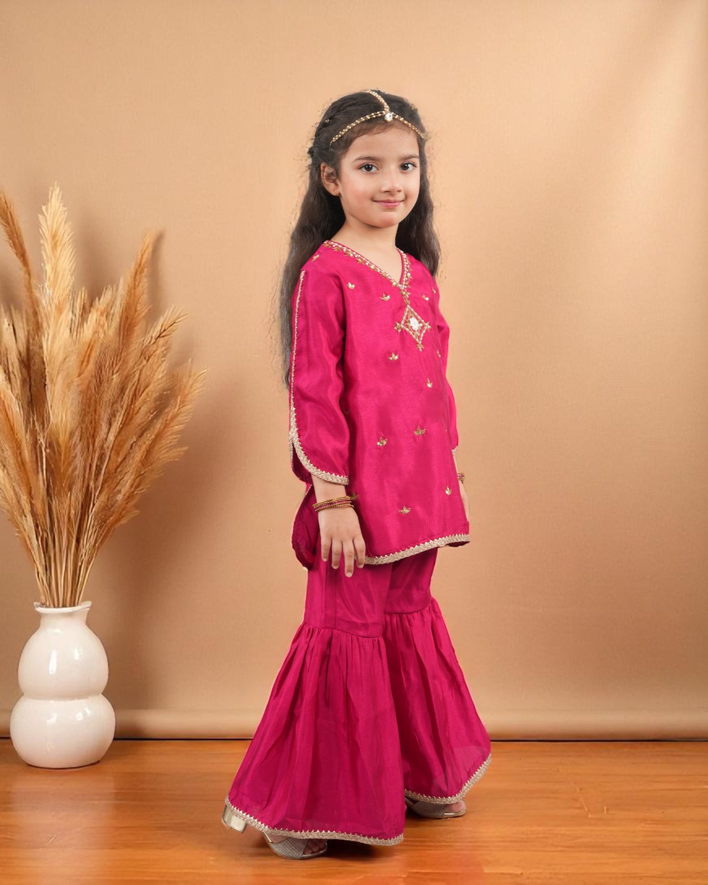 Tito Patito Girls’ 3-Piece Art Silk Sharara Set – Handwork & Lace, Kids Ethnic Wear