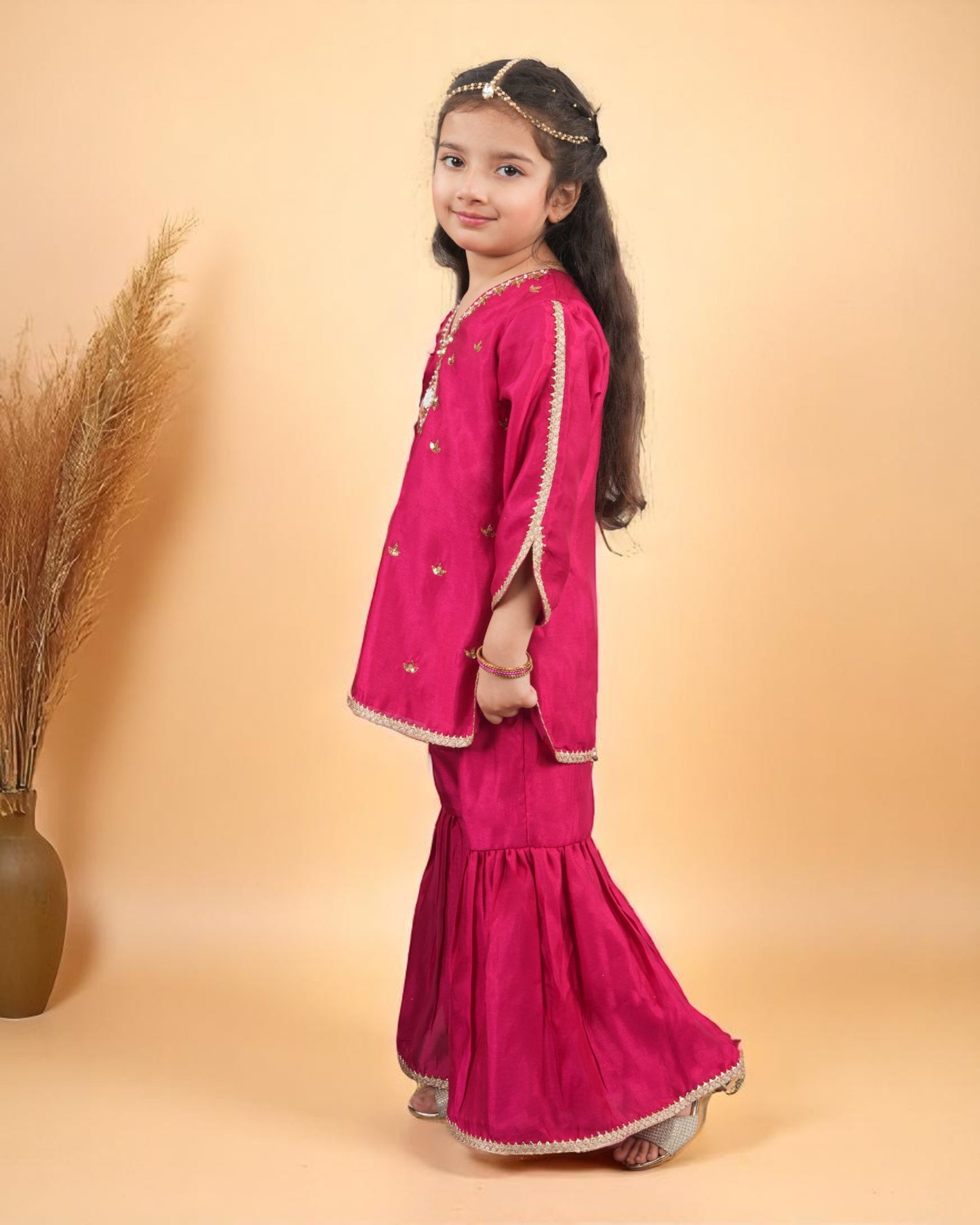 Tito Patito Girls’ 3-Piece Art Silk Sharara Set – Handwork & Lace, Kids Ethnic Wear