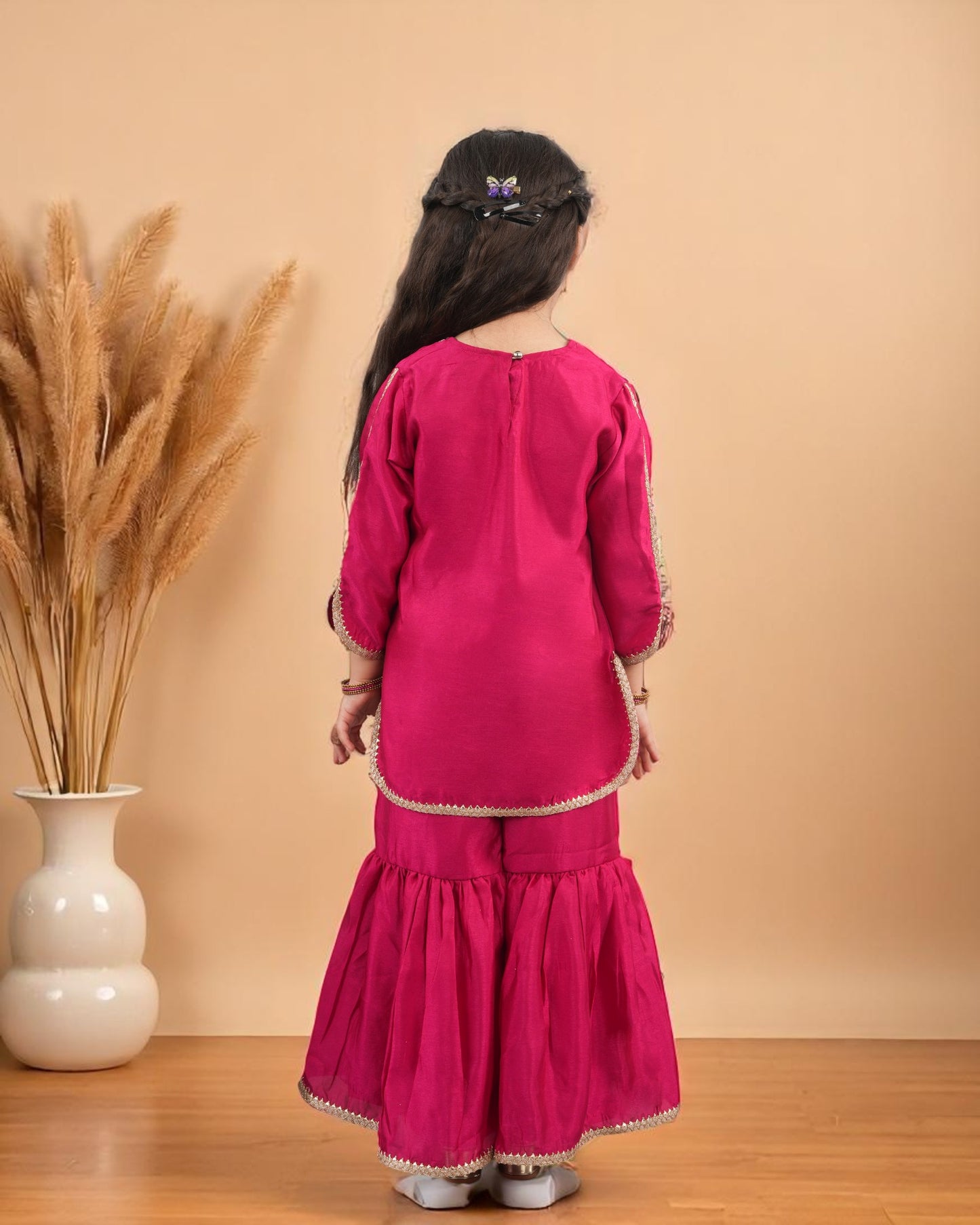 Tito Patito Girls’ 3-Piece Art Silk Sharara Set – Handwork & Lace, Kids Ethnic Wear