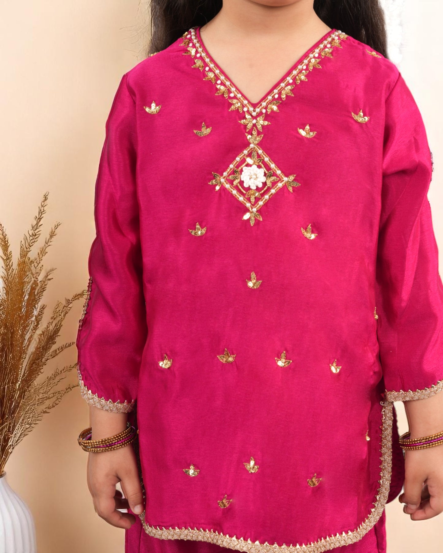 Tito Patito Girls’ 3-Piece Art Silk Sharara Set – Handwork & Lace, Kids Ethnic Wear