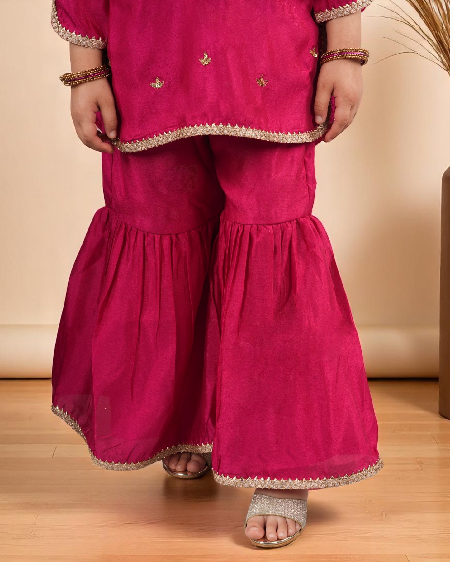 Tito Patito Girls’ 3-Piece Art Silk Sharara Set – Handwork & Lace, Kids Ethnic Wear