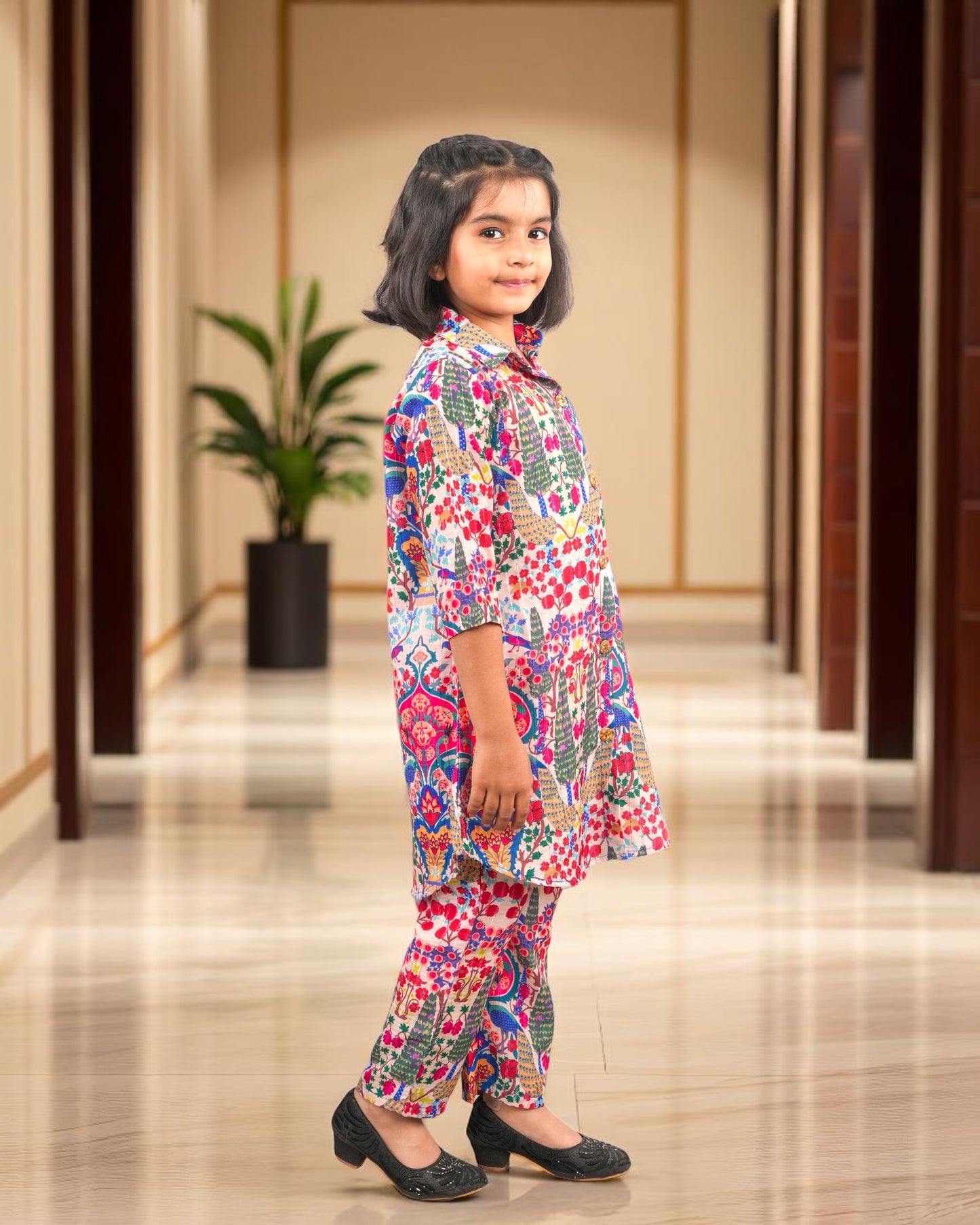 Tito Patito Girls’ Printed Co-ord Set – Sequin Work, Cotton Blend, Shirt Collar
