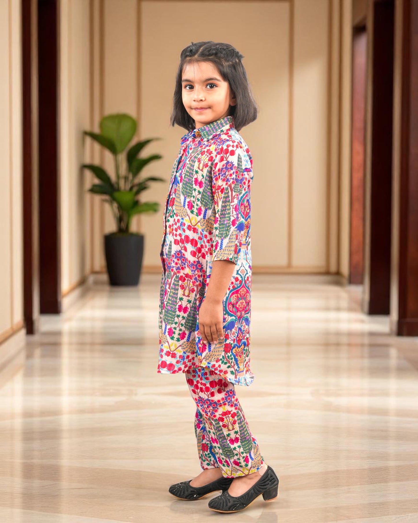 Tito Patito Girls’ Printed Co-ord Set – Sequin Work, Cotton Blend, Shirt Collar