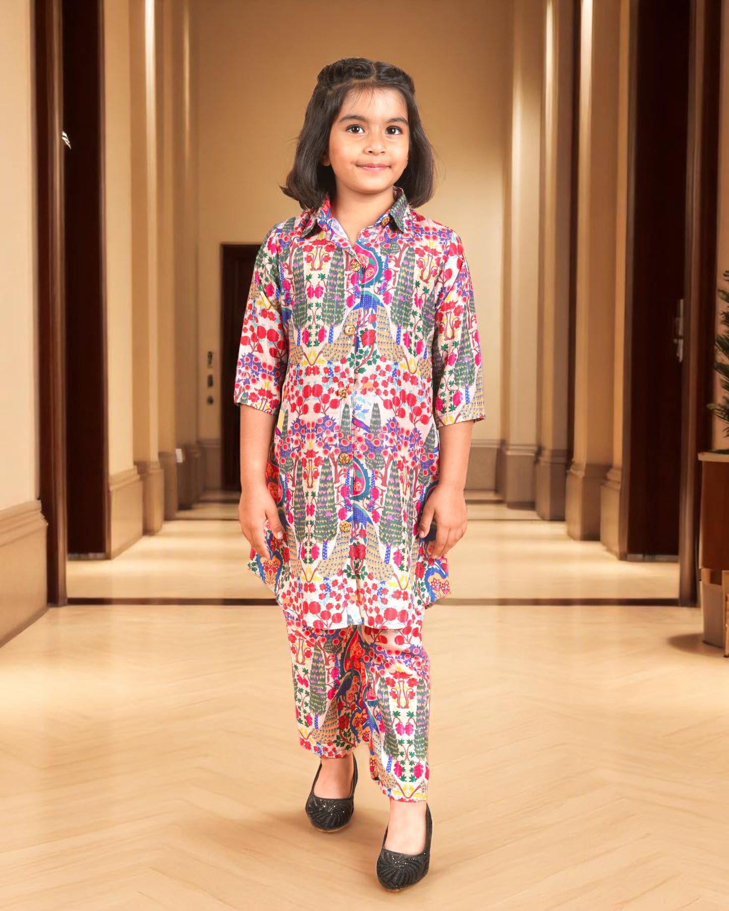 Tito Patito Girls’ Printed Co-ord Set – Sequin Work, Cotton Blend, Shirt Collar