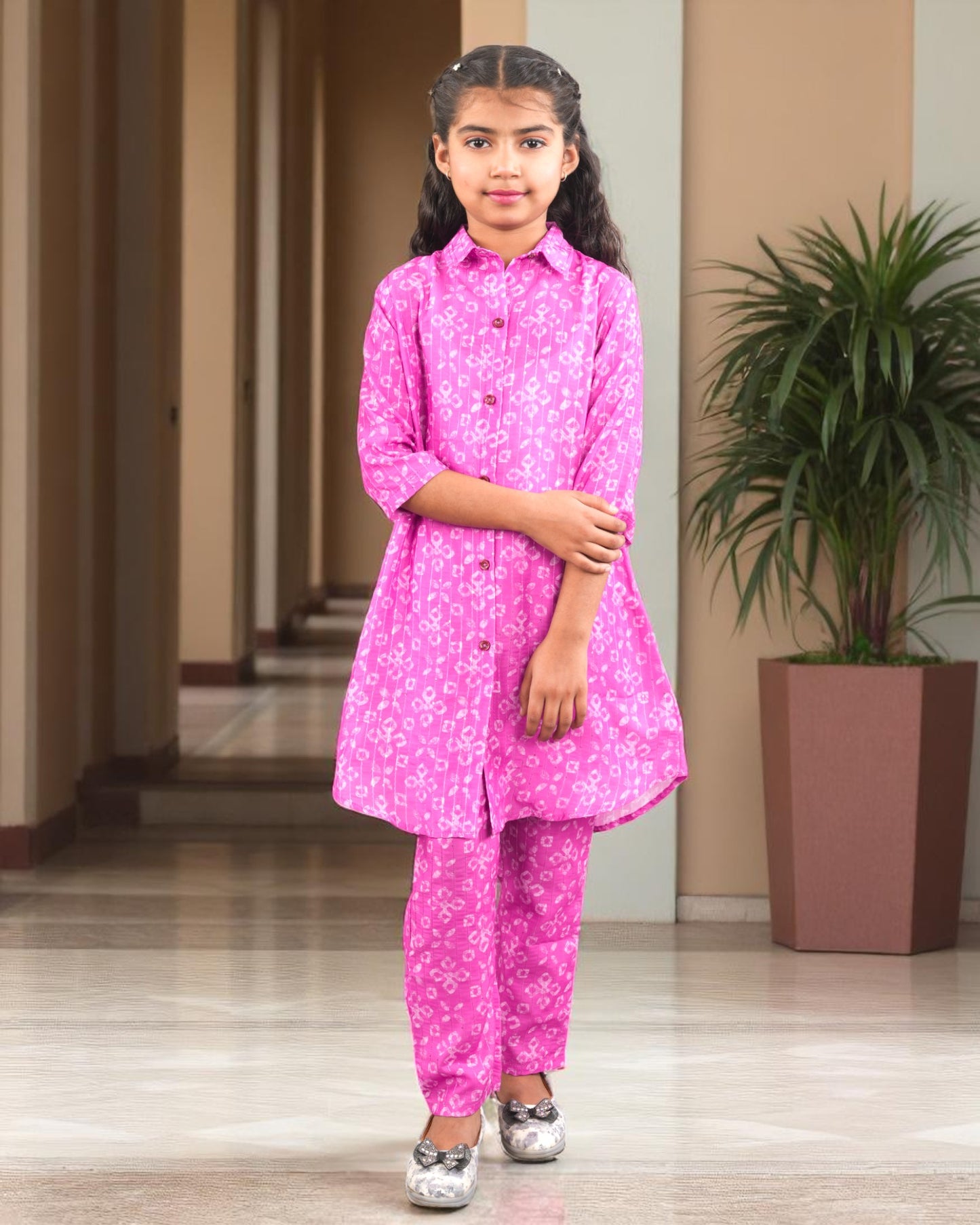 Tito Patito Girls’ Printed Co-ord Set – Sequin Work, Cotton Blend, Shirt Collar