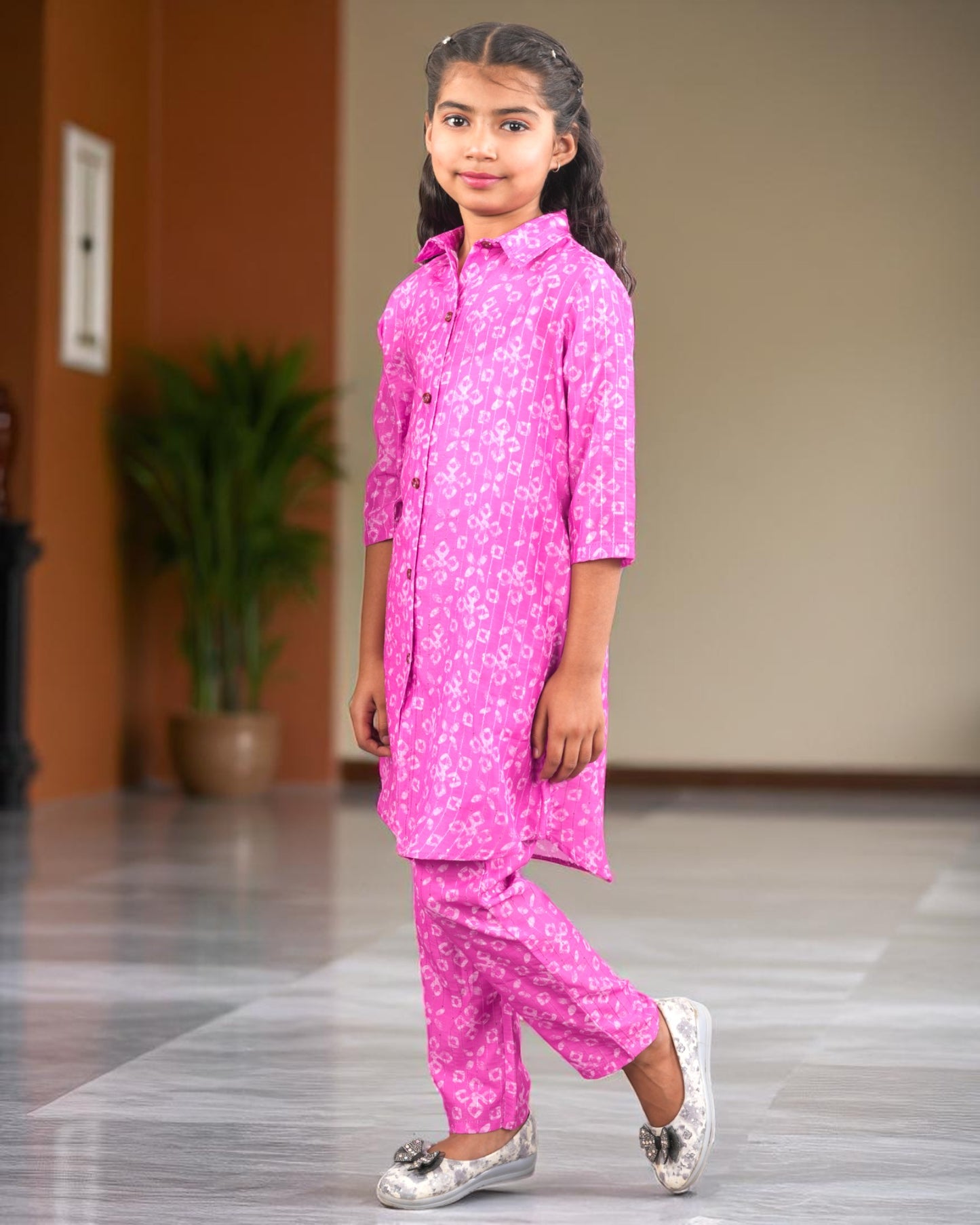 Tito Patito Girls’ Printed Co-ord Set – Sequin Work, Cotton Blend, Shirt Collar