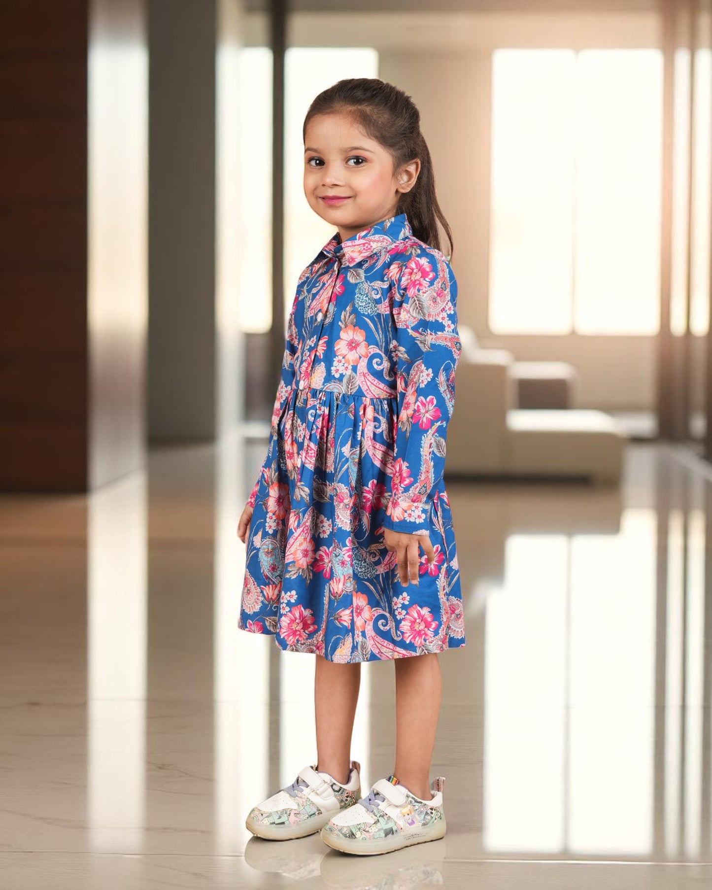 Tito Patito Girls’ Shirt Collar Frock – Cotton Blend, Belted, Full Sleeves