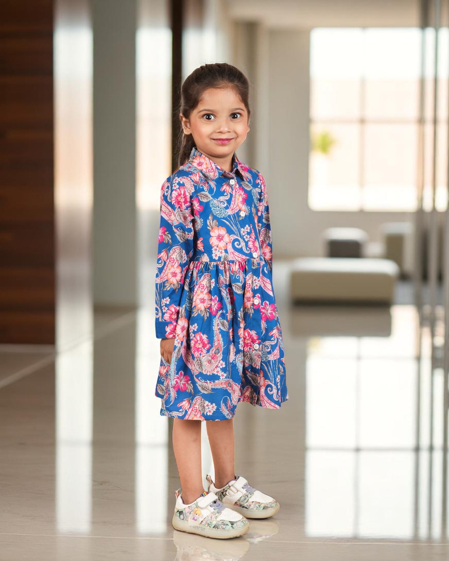 Tito Patito Girls’ Shirt Collar Frock – Cotton Blend, Belted, Full Sleeves