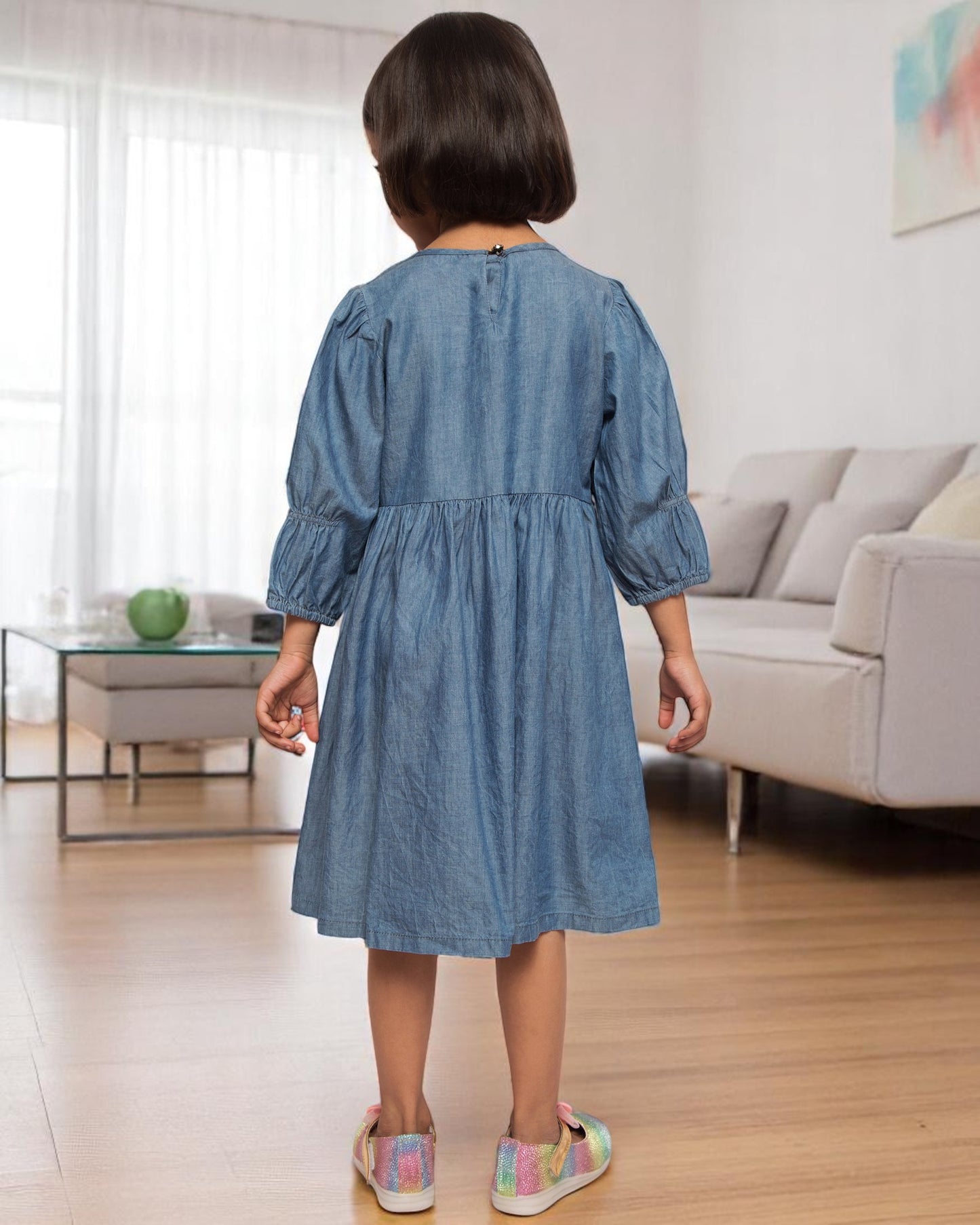 Opulent Charm: Hand-Embellished Silky Denim Midi Dress