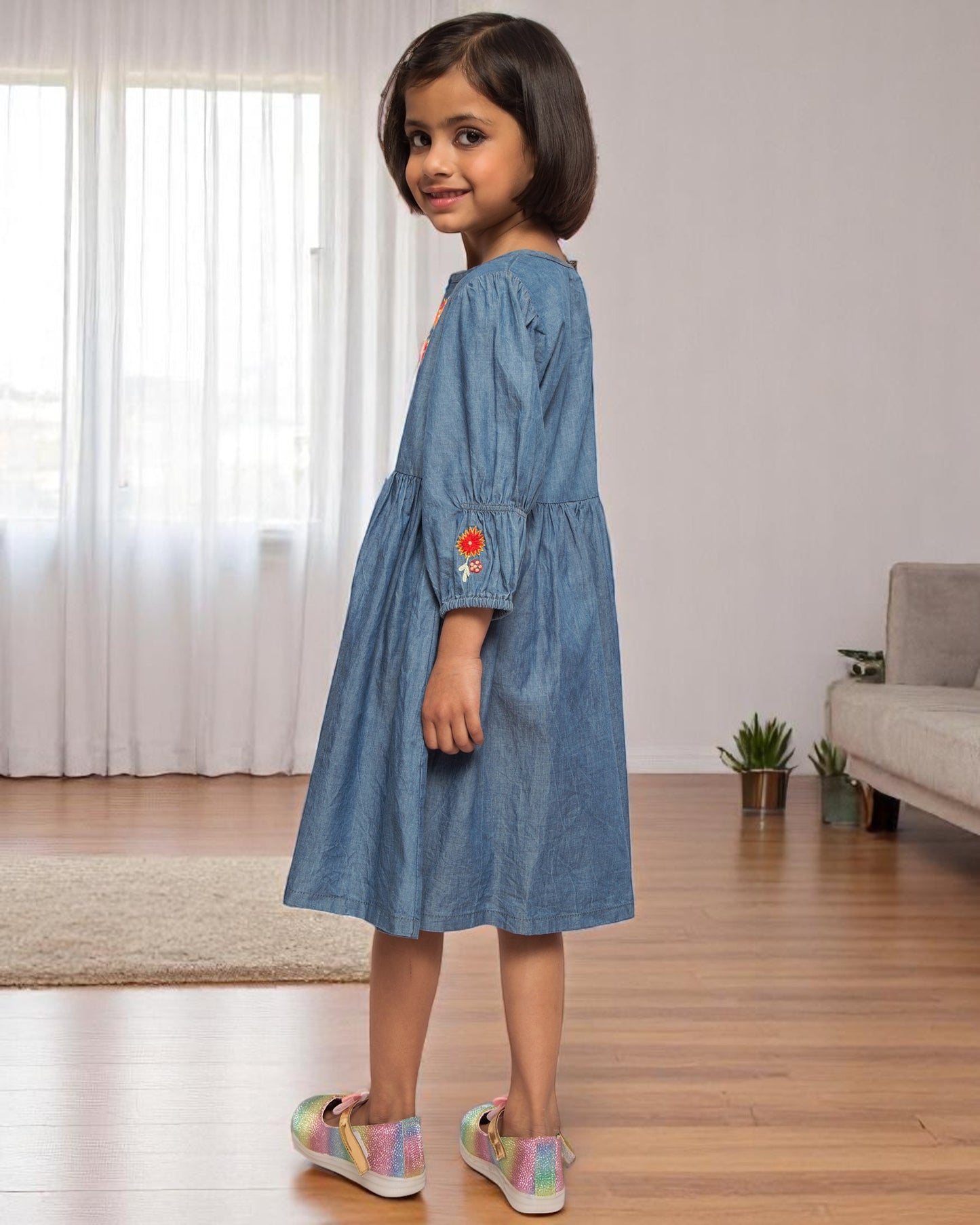 Opulent Charm: Hand-Embellished Silky Denim Midi Dress