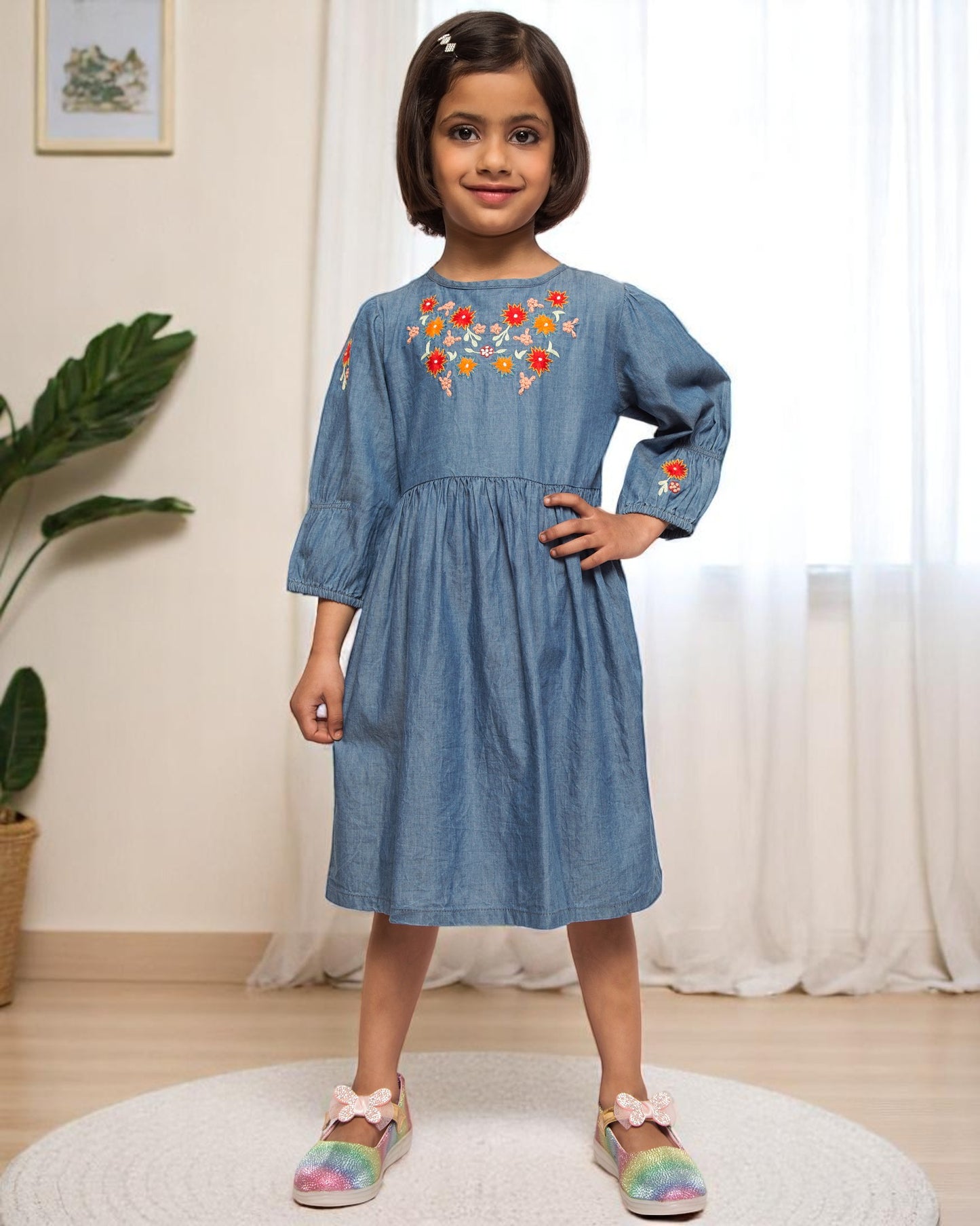 Opulent Charm: Hand-Embellished Silky Denim Midi Dress