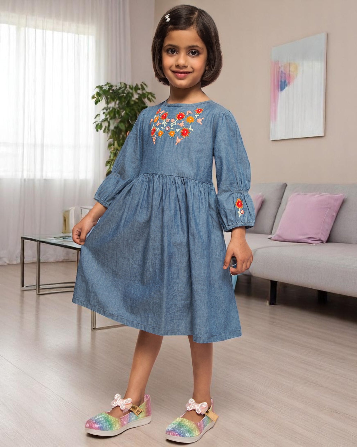 Opulent Charm: Hand-Embellished Silky Denim Midi Dress