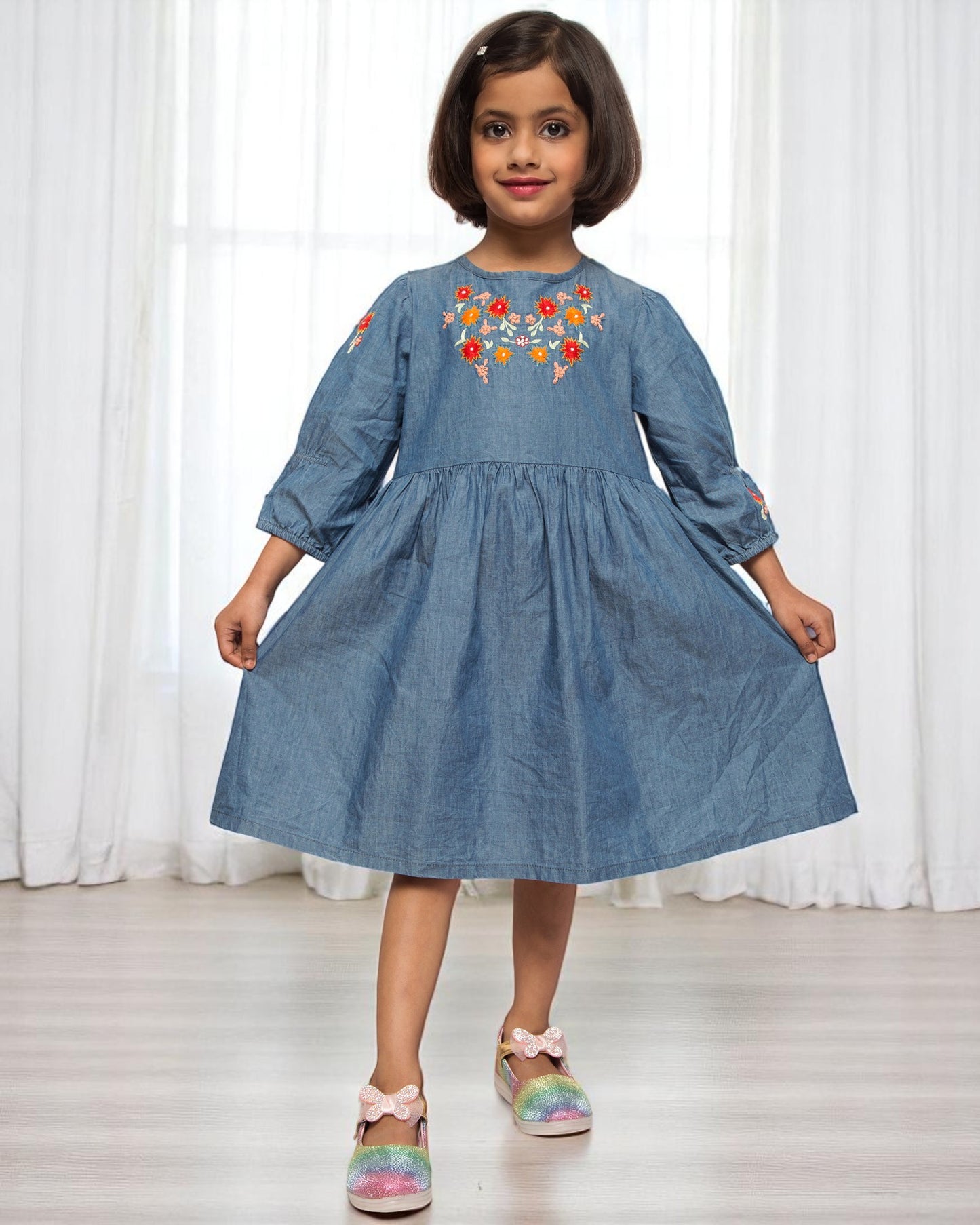 Opulent Charm: Hand-Embellished Silky Denim Midi Dress