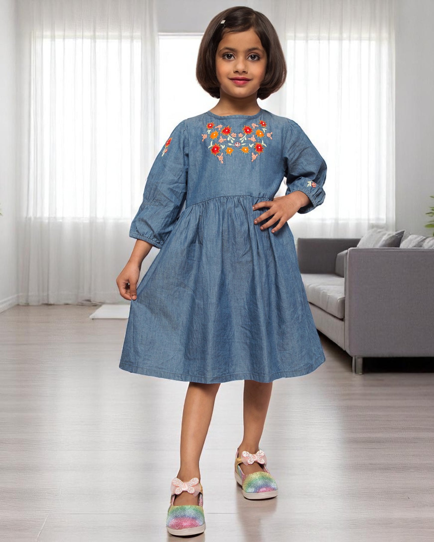 Opulent Charm: Hand-Embellished Silky Denim Midi Dress