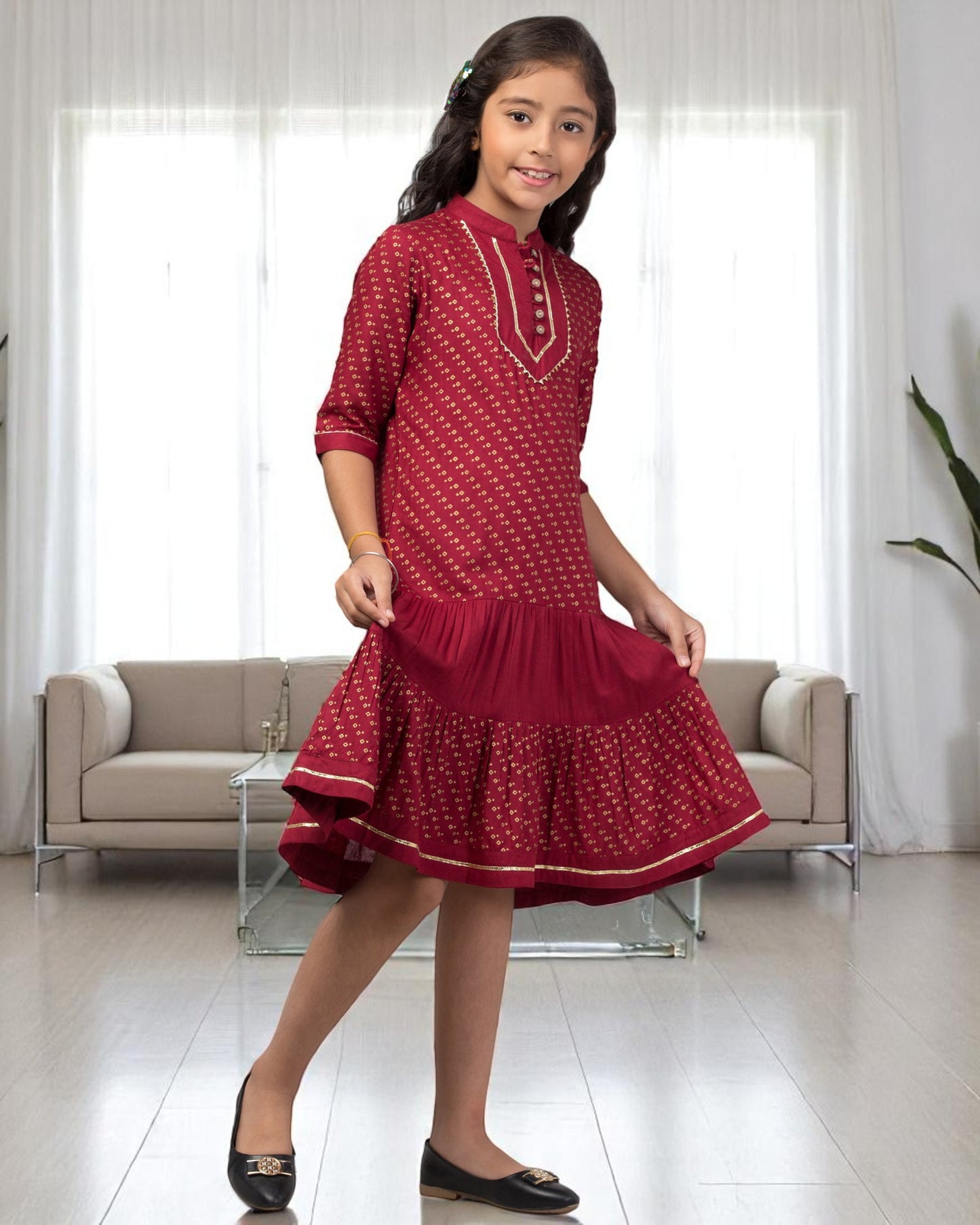 Enchanting Georgette Frock with Gota Patti Lacework & Bell Sleeves – Fully Lined for Elegance