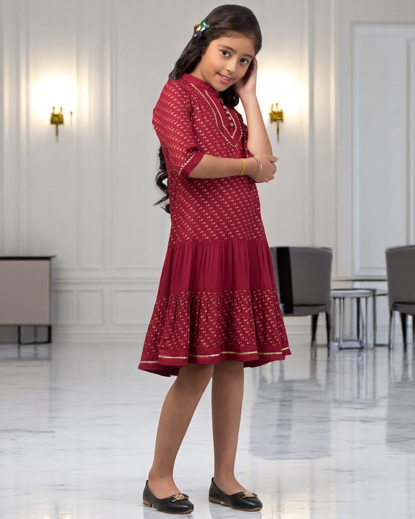 Enchanting Georgette Frock with Gota Patti Lacework & Bell Sleeves – Fully Lined for Elegance