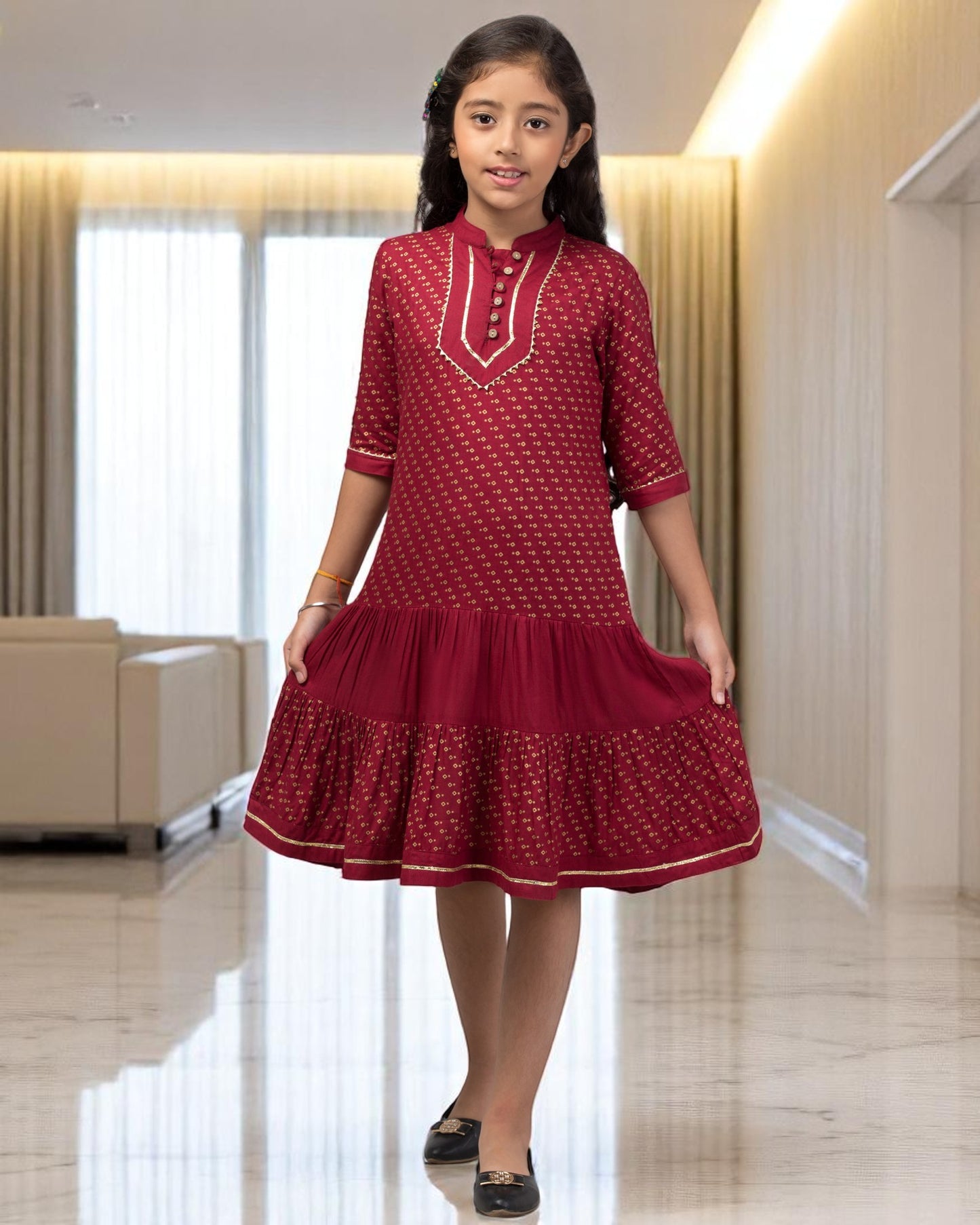Enchanting Georgette Frock with Gota Patti Lacework & Bell Sleeves – Fully Lined for Elegance