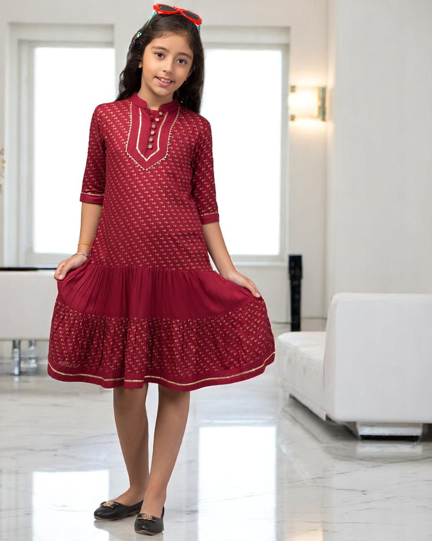 Enchanting Georgette Frock with Gota Patti Lacework & Bell Sleeves – Fully Lined for Elegance